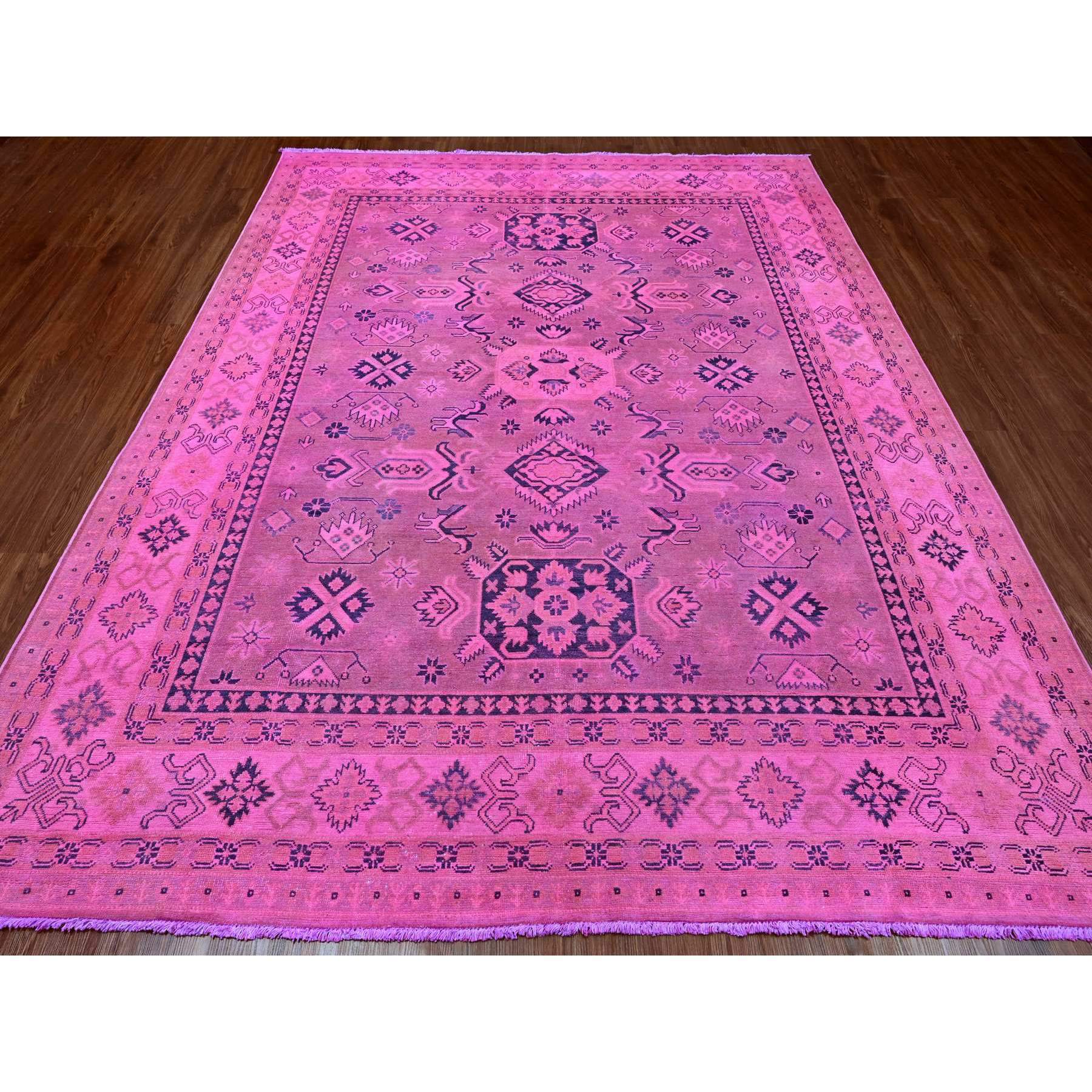 7'10"x9'7" Fuscia Pink, Overdyed Kazak with Tribal Medallions Design, Pure Wool, Hand Knotted, Oriental Rug Sh20011