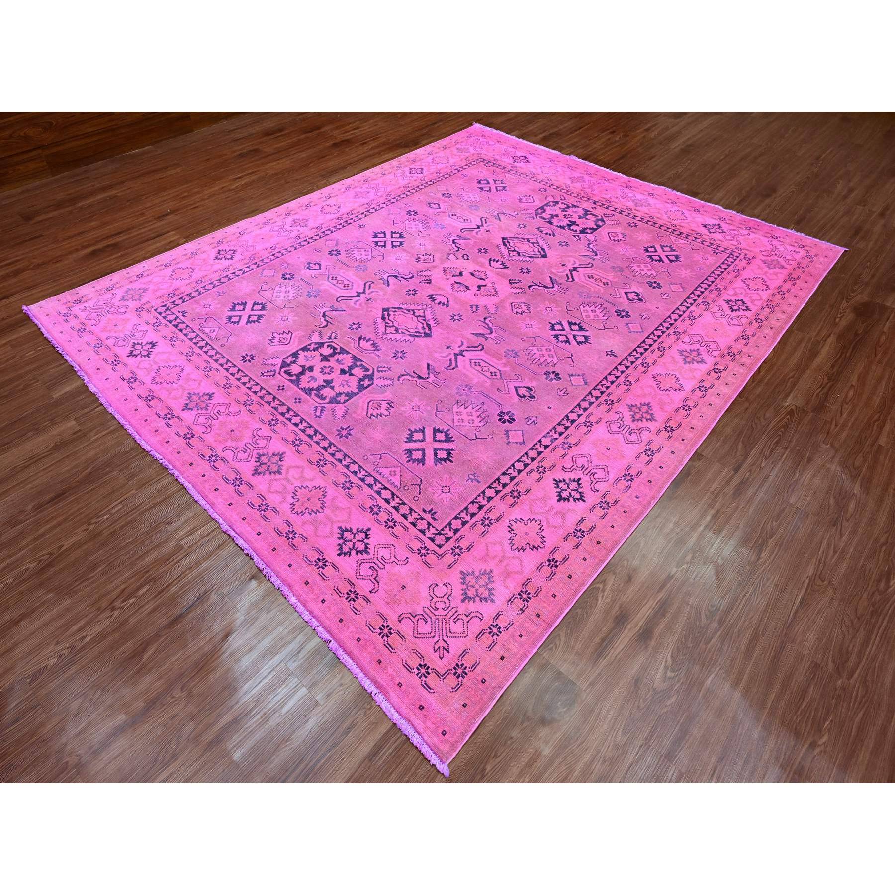 7'10"x9'7" Fuscia Pink, Overdyed Kazak with Tribal Medallions Design, Pure Wool, Hand Knotted, Oriental Rug Sh20011