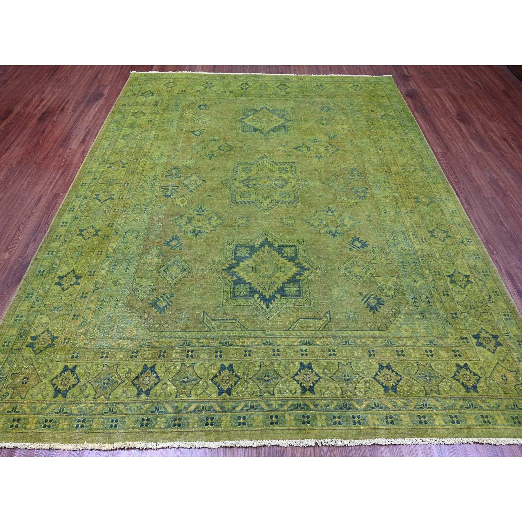 8'x9'6" Pickle Green, Overdyed Kazak with Star Medallions Design, Hand Knotted, 100% Wool, Oriental Rug Sh20012