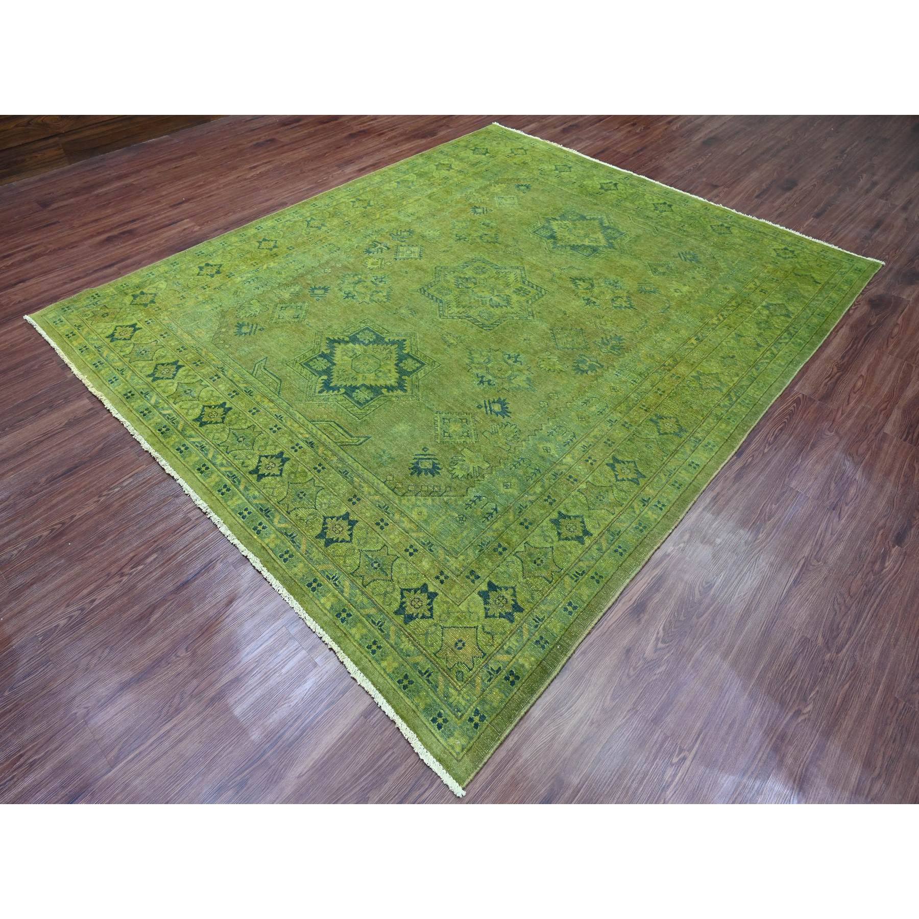 8'x9'6" Pickle Green, Overdyed Kazak with Star Medallions Design, Hand Knotted, 100% Wool, Oriental Rug Sh20012
