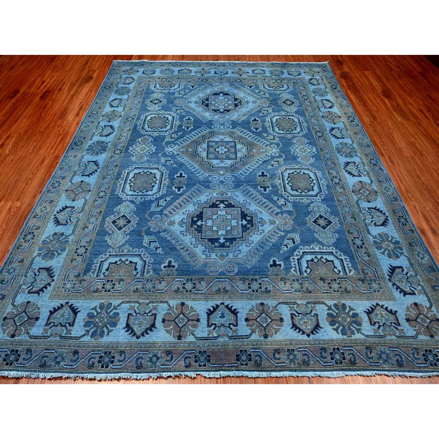 8'x9'9" Imperial Blue, 100% Wool, Overdyed Kazak with Geometric Medallions Design, Hand Knotted, Oriental Rug Sh20013