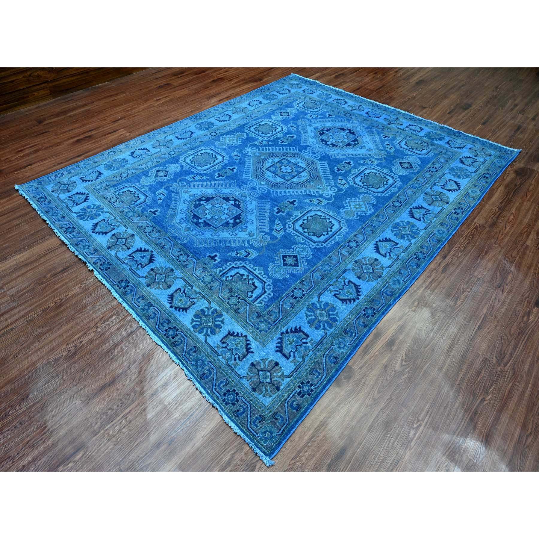 8'x9'9" Imperial Blue, 100% Wool, Overdyed Kazak with Geometric Medallions Design, Hand Knotted, Oriental Rug Sh20013