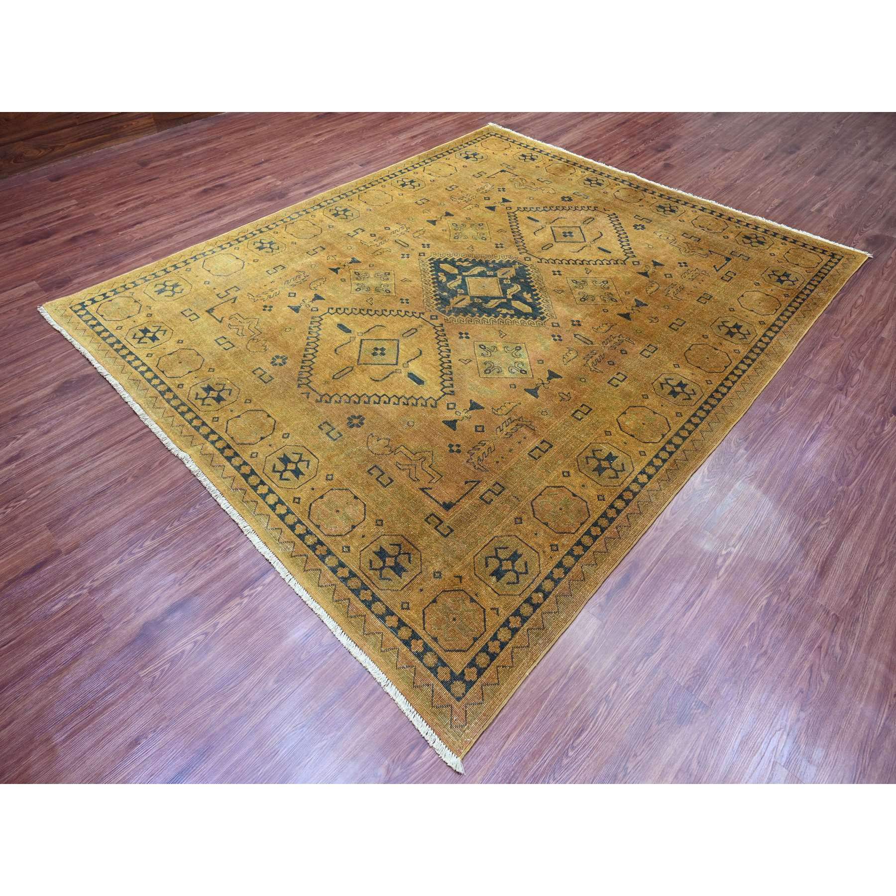 8'x9'5" Honey Brown, Overdyed Kazak with Geometric Medallions Design, Hand Knotted, 100% Wool, Oriental Rug Sh20014