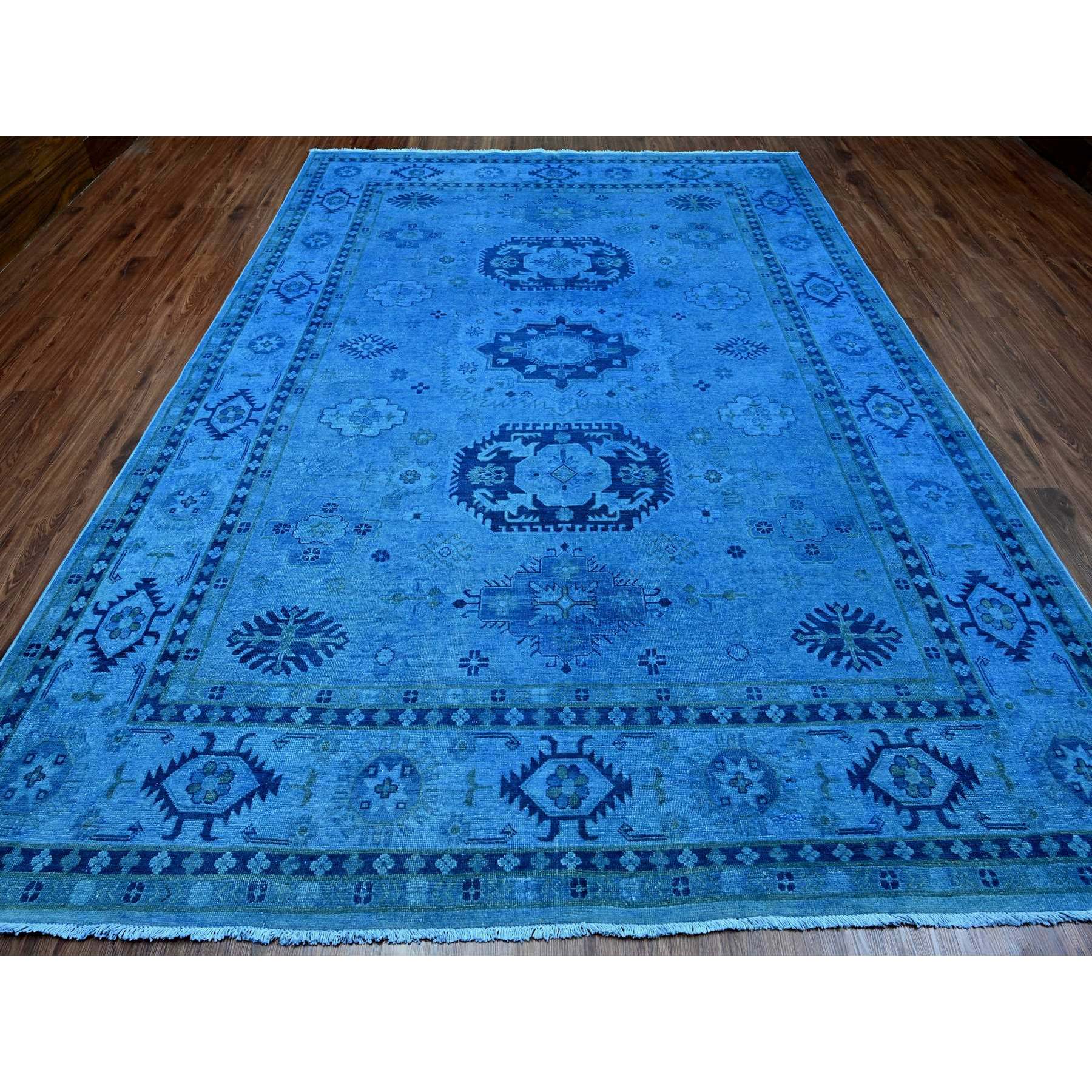 8'8"x11'9" Bayern Blue, Hand Knotted, Overdyed Kazak with Geometric Medallions Design, 100% Wool, Oriental Rug Sh20015