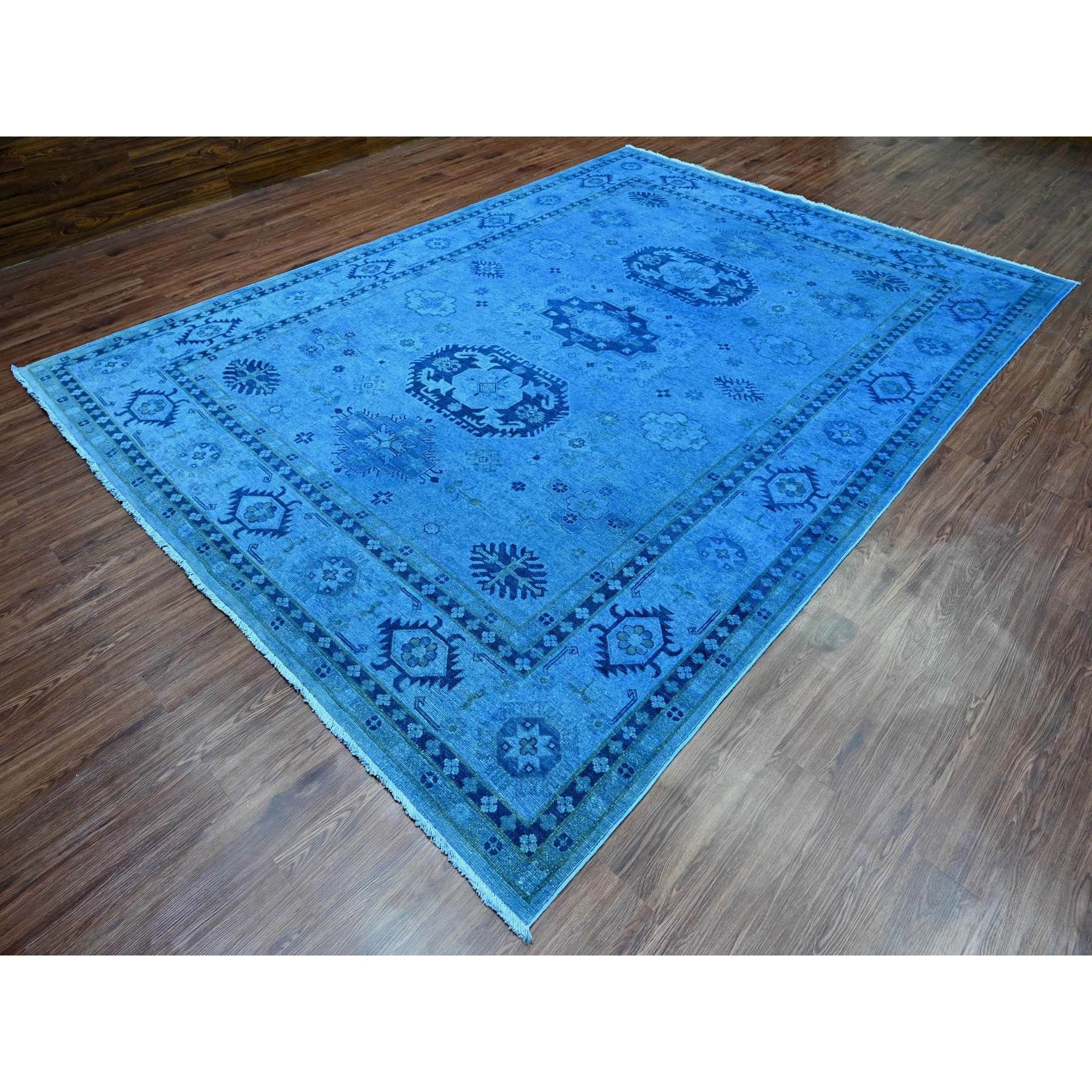 8'8"x11'9" Bayern Blue, Hand Knotted, Overdyed Kazak with Geometric Medallions Design, 100% Wool, Oriental Rug Sh20015