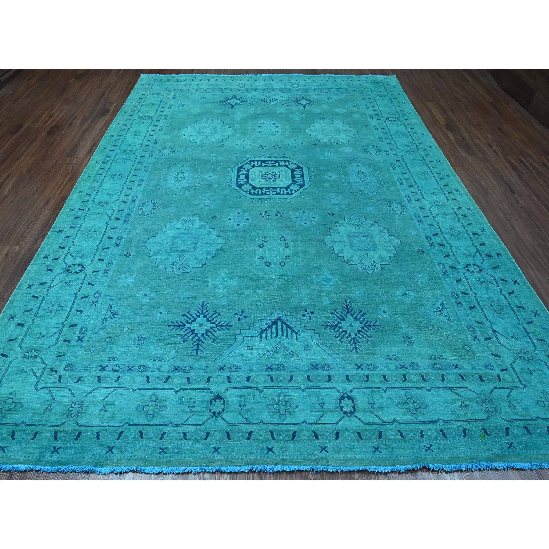 8'9"x11'7" Teal, Overdyed Kazak with All Over Design, Hand Knotted, 100% Wool, Oriental Rug Sh20016