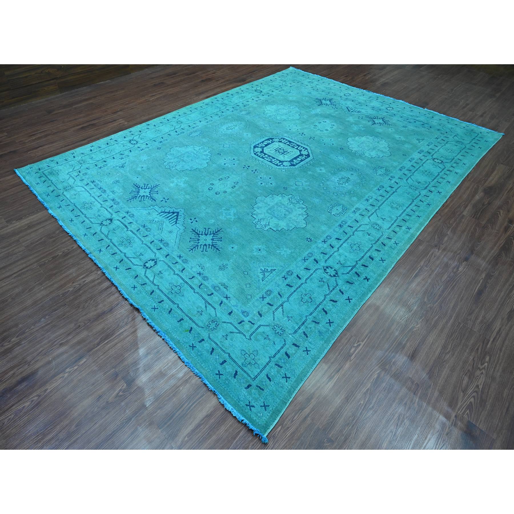 8'9"x11'7" Teal, Overdyed Kazak with All Over Design, Hand Knotted, 100% Wool, Oriental Rug Sh20016