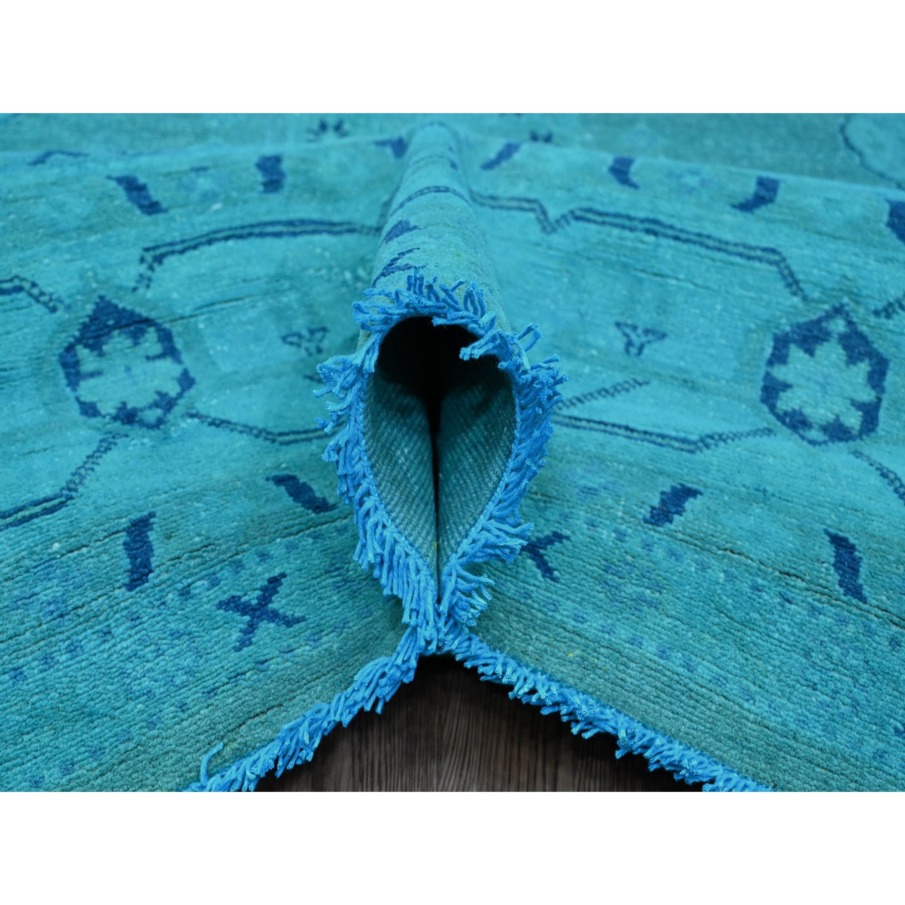 8'9"x11'7" Teal, Overdyed Kazak with All Over Design, Hand Knotted, 100% Wool, Oriental Rug Sh20016
