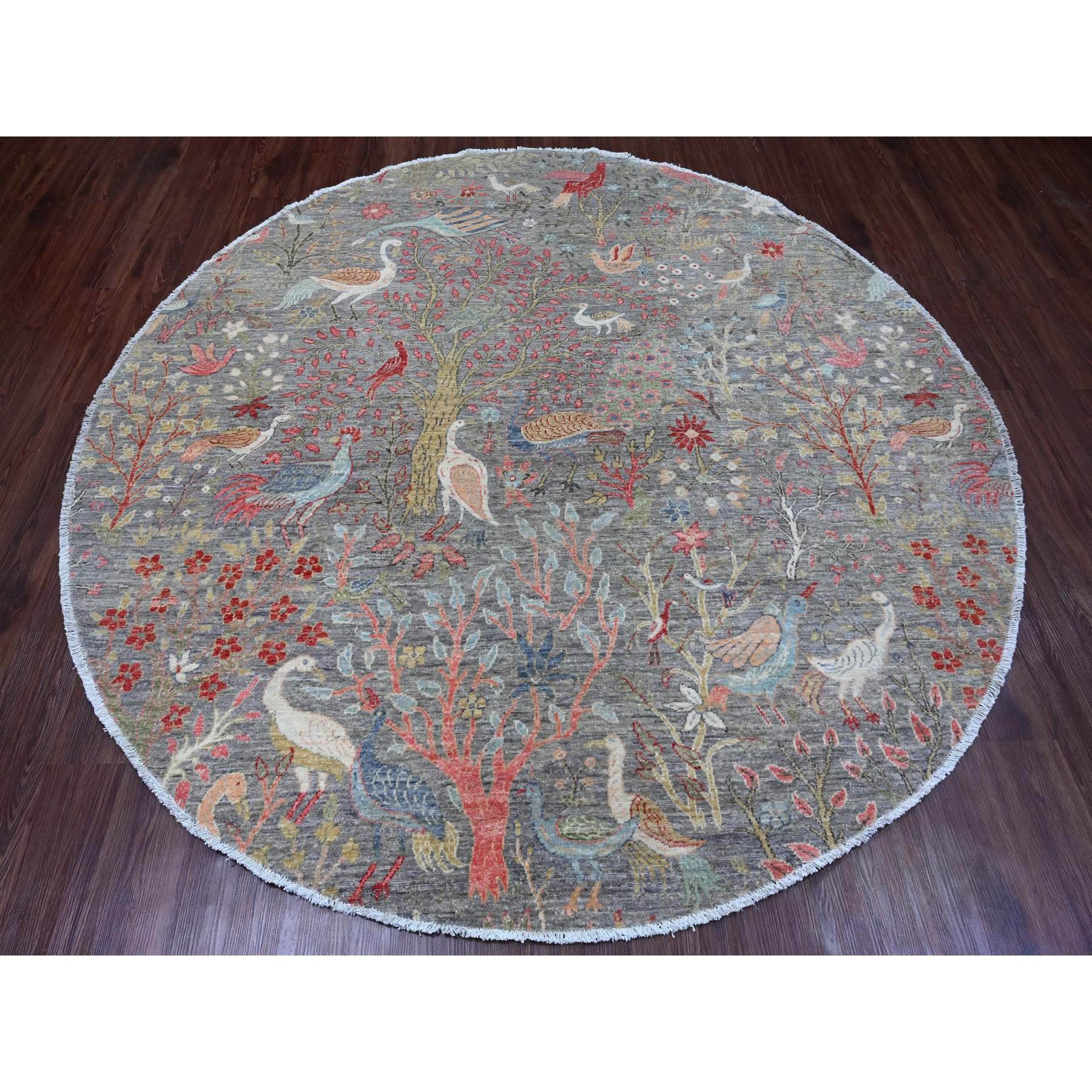 7'9"x7'9" Spanish Gray, Afghan Peshawar with Birds of Paradise Design, Hand Knotted, Soft Wool, Vegetable Dyes, Round, Oriental Rug Sh20017