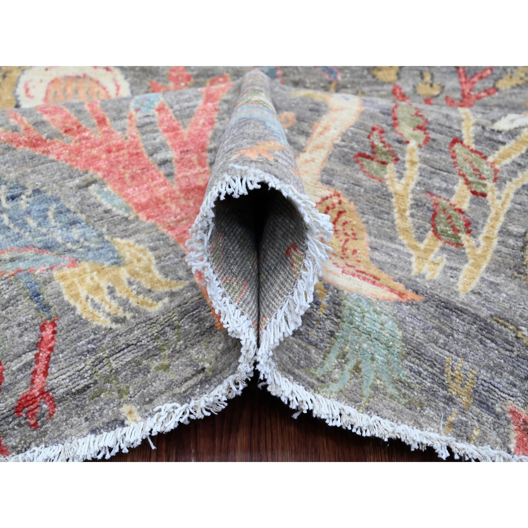 7'9"x7'9" Spanish Gray, Afghan Peshawar with Birds of Paradise Design, Hand Knotted, Soft Wool, Vegetable Dyes, Round, Oriental Rug Sh20017
