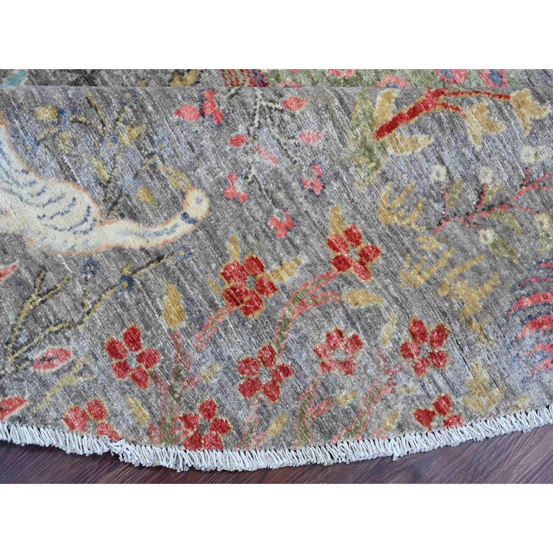 7'9"x7'9" Spanish Gray, Afghan Peshawar with Birds of Paradise Design, Hand Knotted, Soft Wool, Vegetable Dyes, Round, Oriental Rug Sh20017