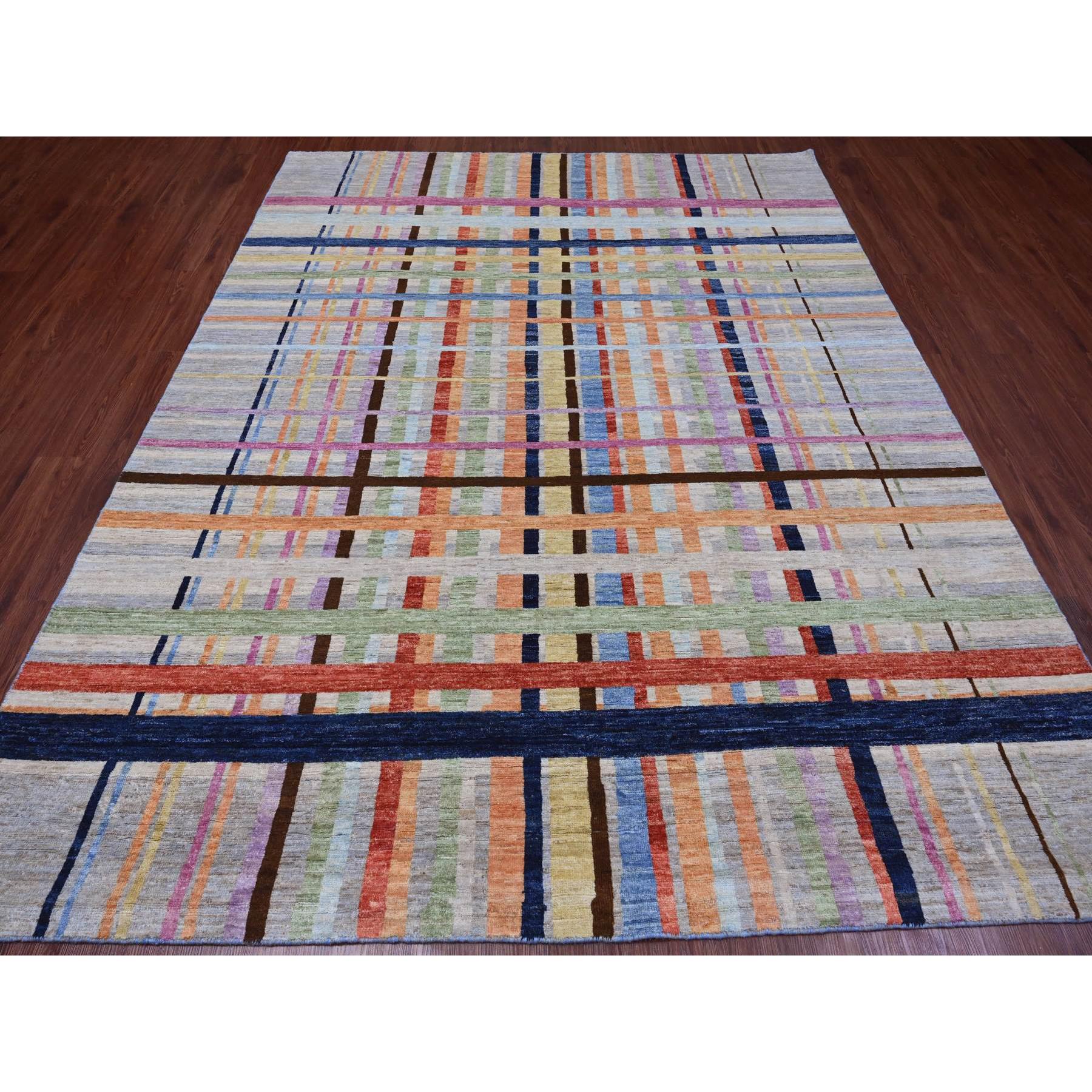 7'10"x9'9" Spanish Gray, Bauhaus Inspired Criss Cross Colorful Line Design, Hand Knotted, Soft and Velvety Wool, Oriental Rug Sh20019