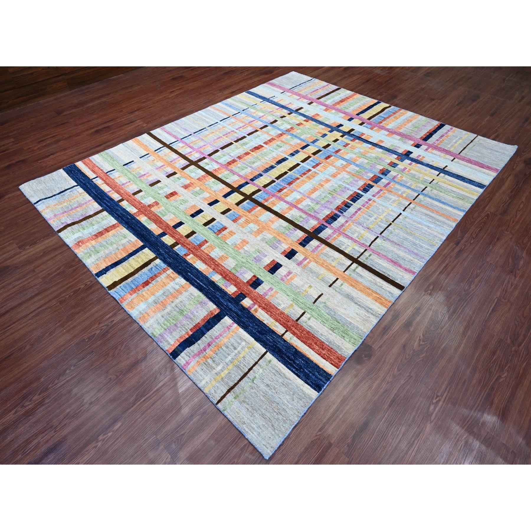 7'10"x9'9" Spanish Gray, Bauhaus Inspired Criss Cross Colorful Line Design, Hand Knotted, Soft and Velvety Wool, Oriental Rug Sh20019