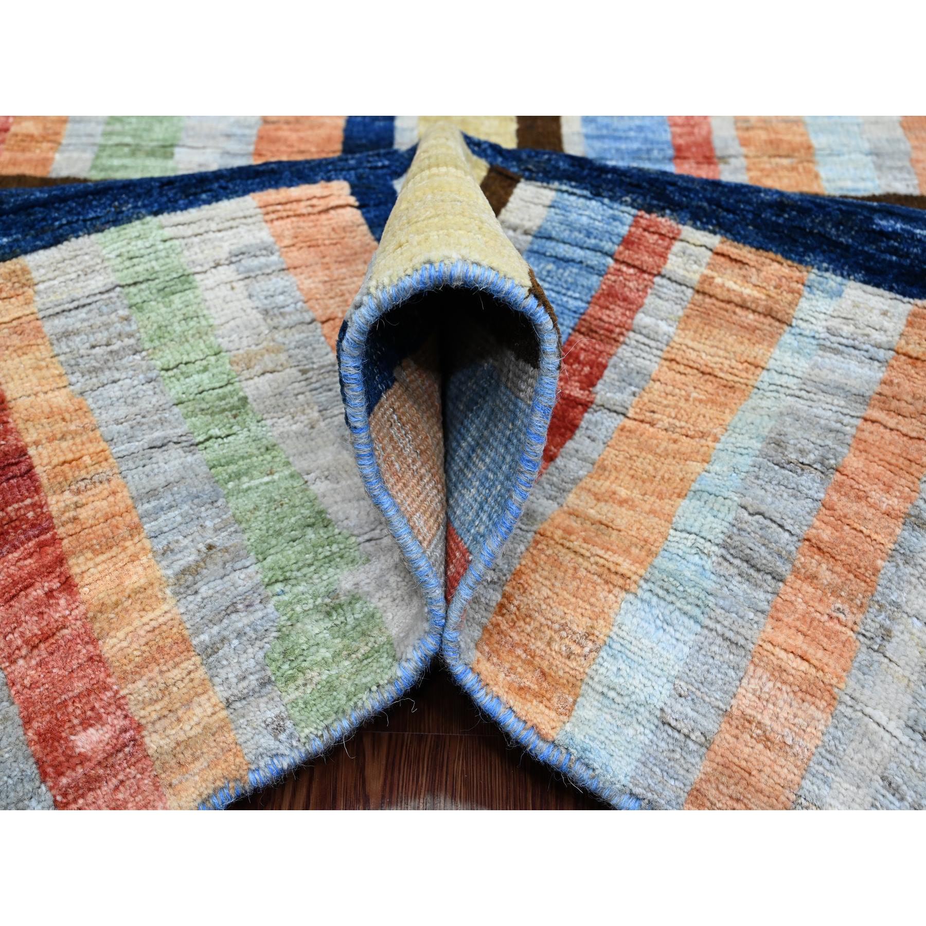 7'10"x9'9" Spanish Gray, Bauhaus Inspired Criss Cross Colorful Line Design, Hand Knotted, Soft and Velvety Wool, Oriental Rug Sh20019