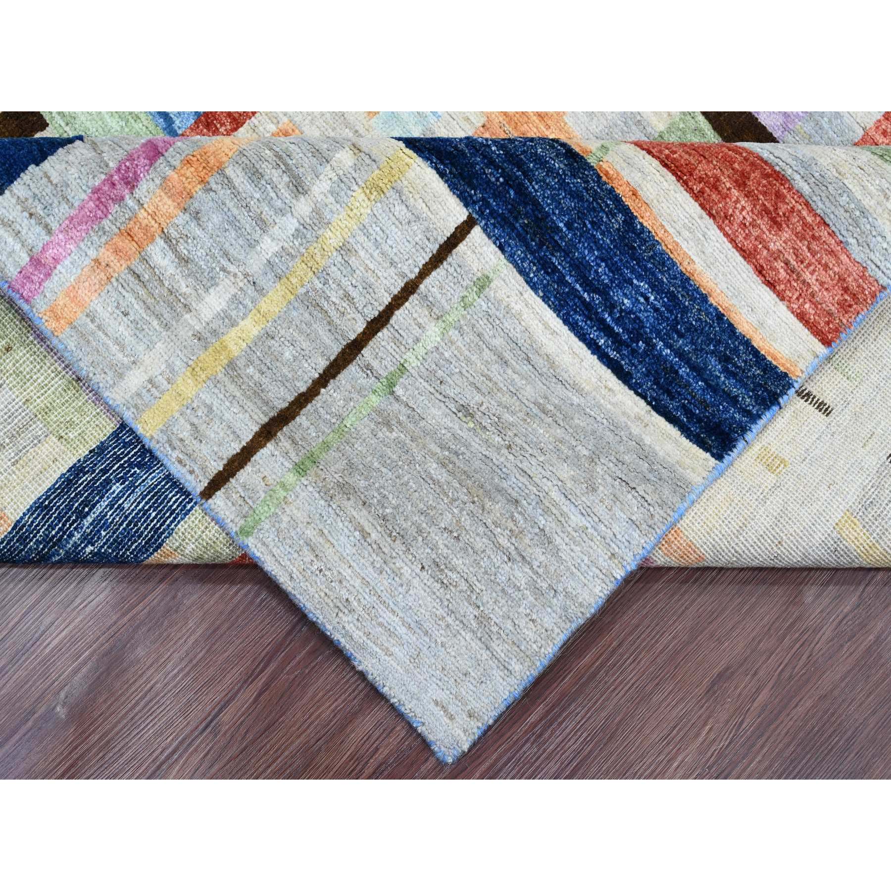 7'10"x9'9" Spanish Gray, Bauhaus Inspired Criss Cross Colorful Line Design, Hand Knotted, Soft and Velvety Wool, Oriental Rug Sh20019