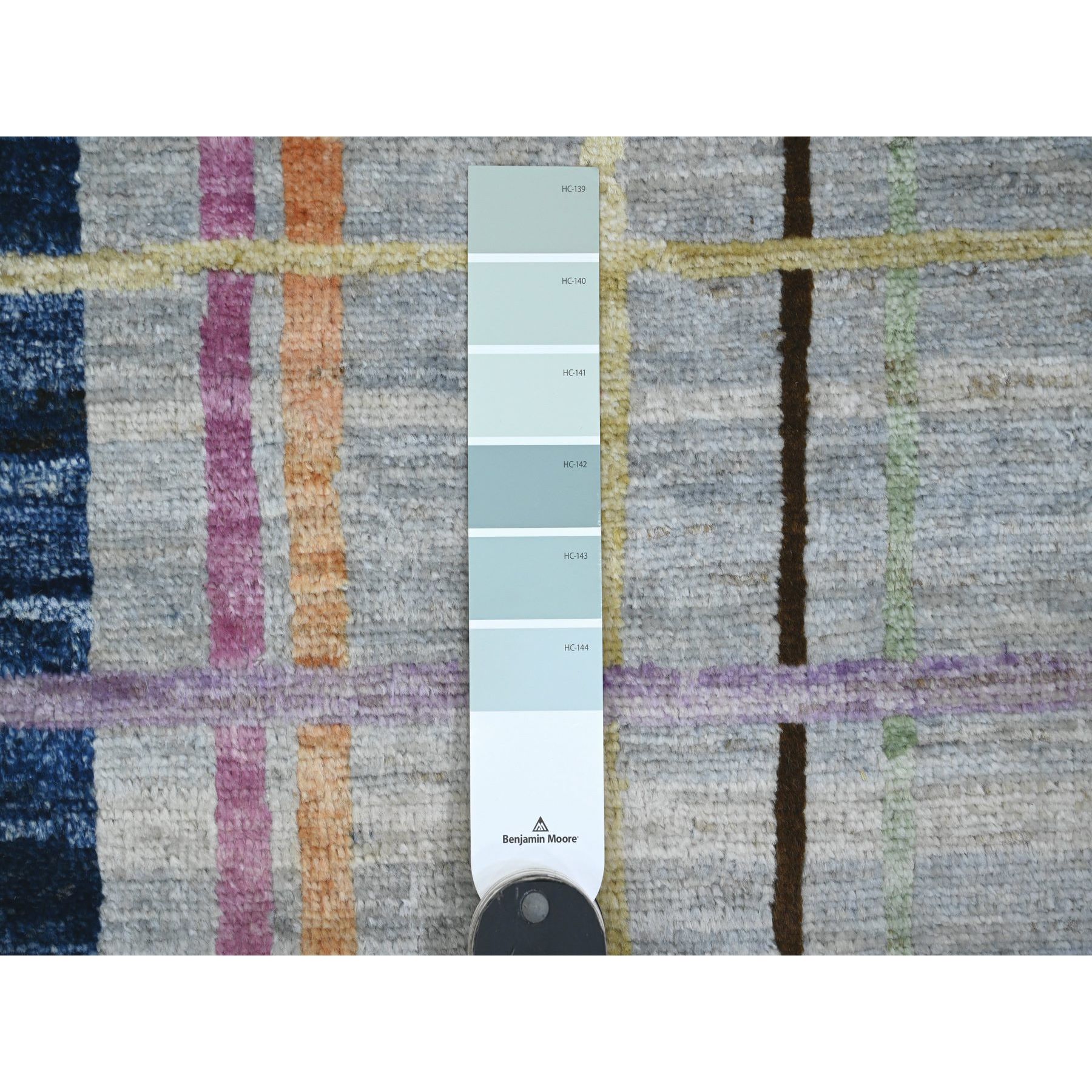 7'10"x9'9" Spanish Gray, Bauhaus Inspired Criss Cross Colorful Line Design, Hand Knotted, Soft and Velvety Wool, Oriental Rug Sh20019