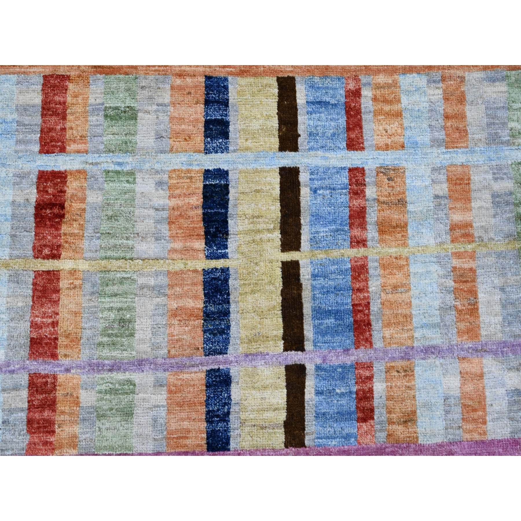 7'10"x9'9" Spanish Gray, Bauhaus Inspired Criss Cross Colorful Line Design, Hand Knotted, Soft and Velvety Wool, Oriental Rug Sh20019