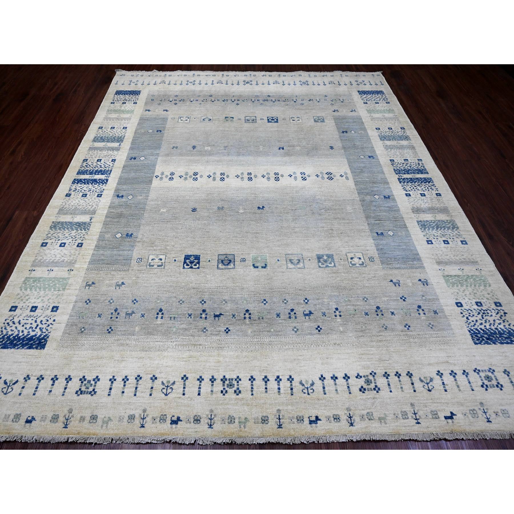 8'3"x9'7" Chiffon White, Fine Kashkuli Gabbeh with Small Animal Figurines, Soft Wool, Hand Knotted, Vegetable Dyes, Oriental Rug Sh20020