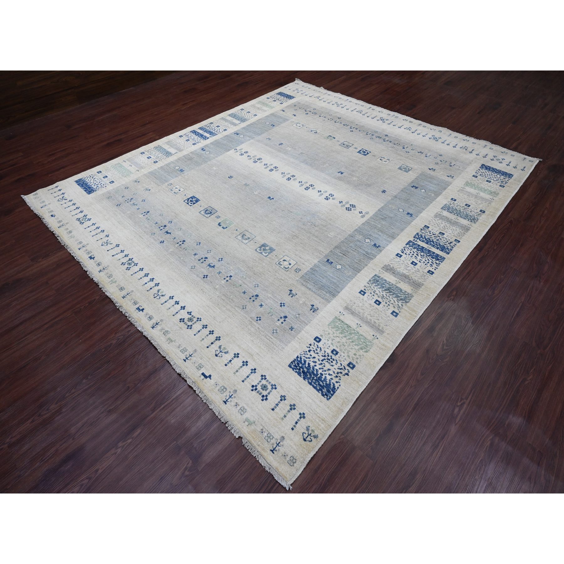 8'3"x9'7" Chiffon White, Fine Kashkuli Gabbeh with Small Animal Figurines, Soft Wool, Hand Knotted, Vegetable Dyes, Oriental Rug Sh20020