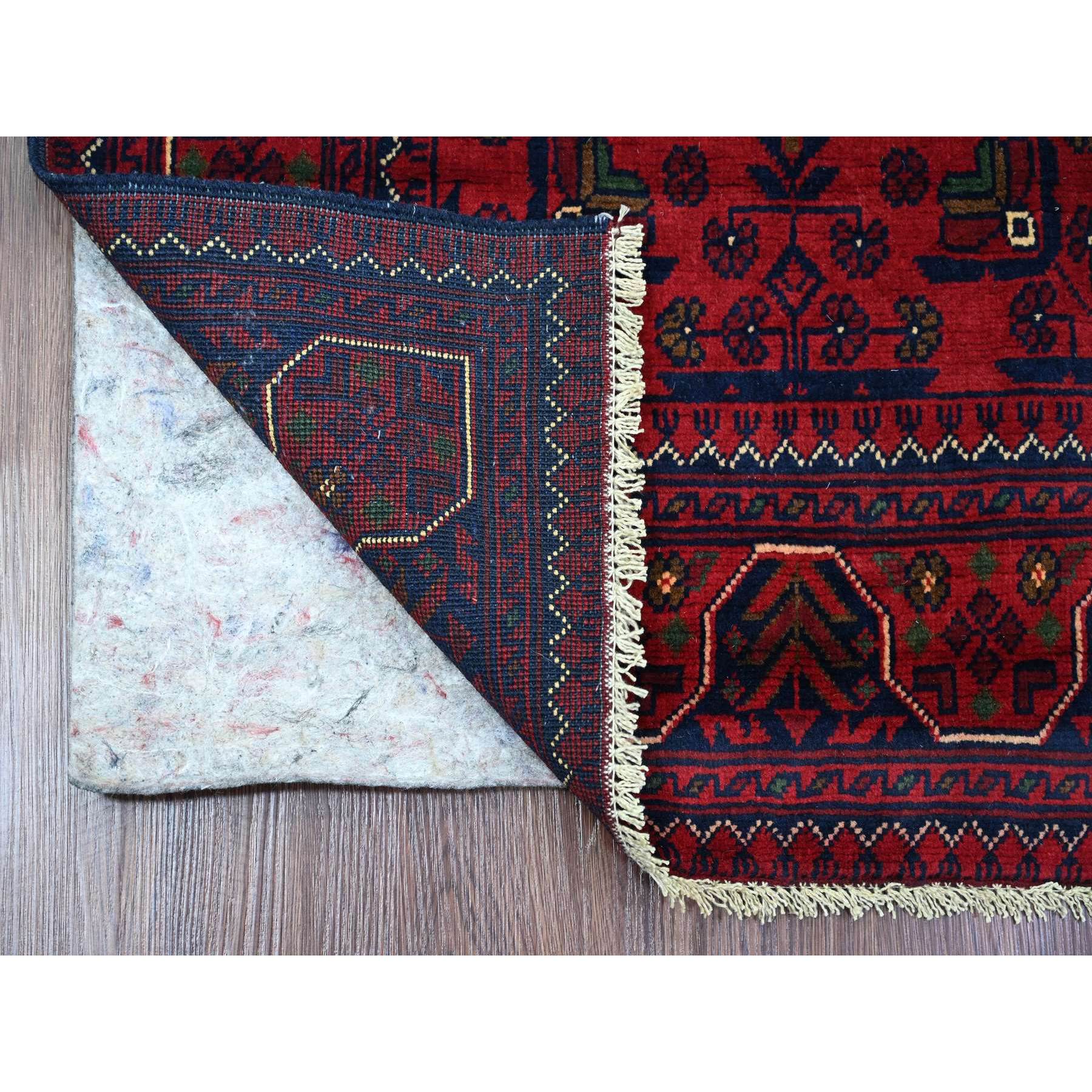 2'8"x4'2" Deep and Saturated Red, Afghan Khamyab with Geometric Design, Extra Soft Wool, Hand Knotted, Mat, Oriental Rug Sh20022