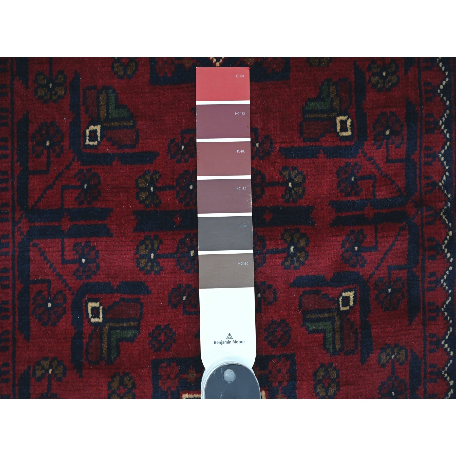 2'8"x4'2" Deep and Saturated Red, Afghan Khamyab with Geometric Design, Extra Soft Wool, Hand Knotted, Mat, Oriental Rug Sh20022