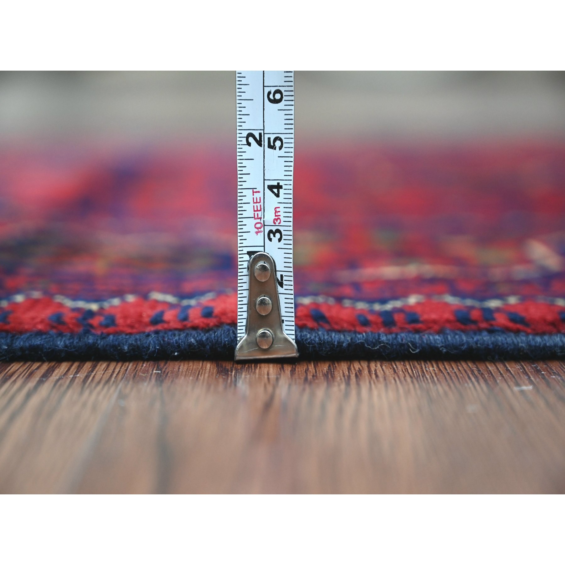 2'8"x4'2" Deep and Saturated Red, Afghan Khamyab with Geometric Design, Extra Soft Wool, Hand Knotted, Mat, Oriental Rug Sh20022