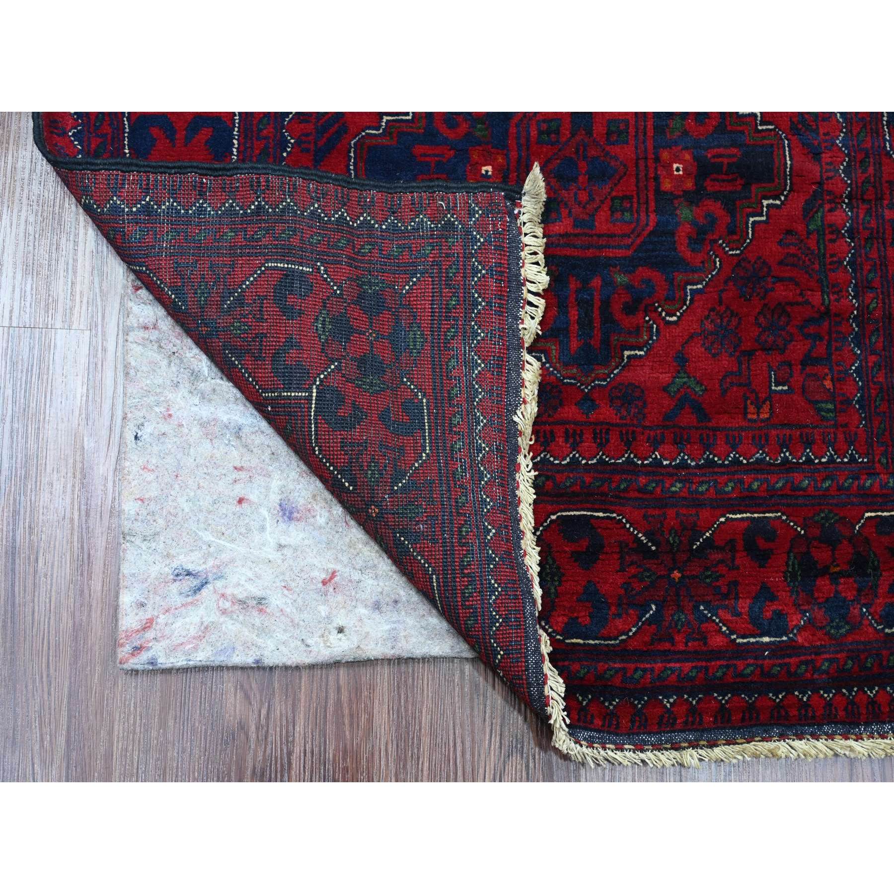 2'8"x12'10" Deep and Saturated Red, Hand Knotted, Afghan Khamyab with Geometric Design, Pure Wool, Soft Pile, Runner, Oriental Rug Sh20024