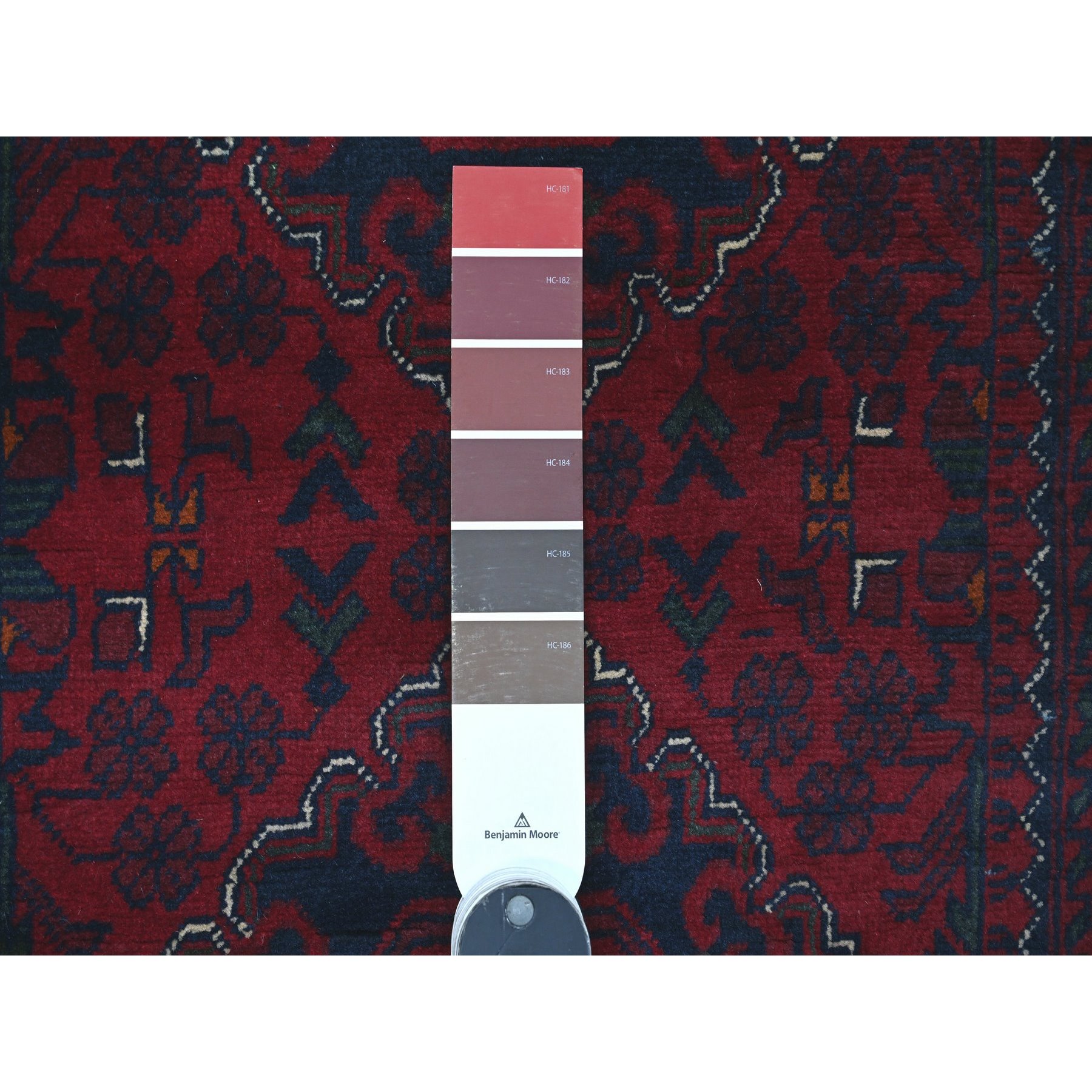 2'8"x12'10" Deep and Saturated Red, Hand Knotted, Afghan Khamyab with Geometric Design, Pure Wool, Soft Pile, Runner, Oriental Rug Sh20024