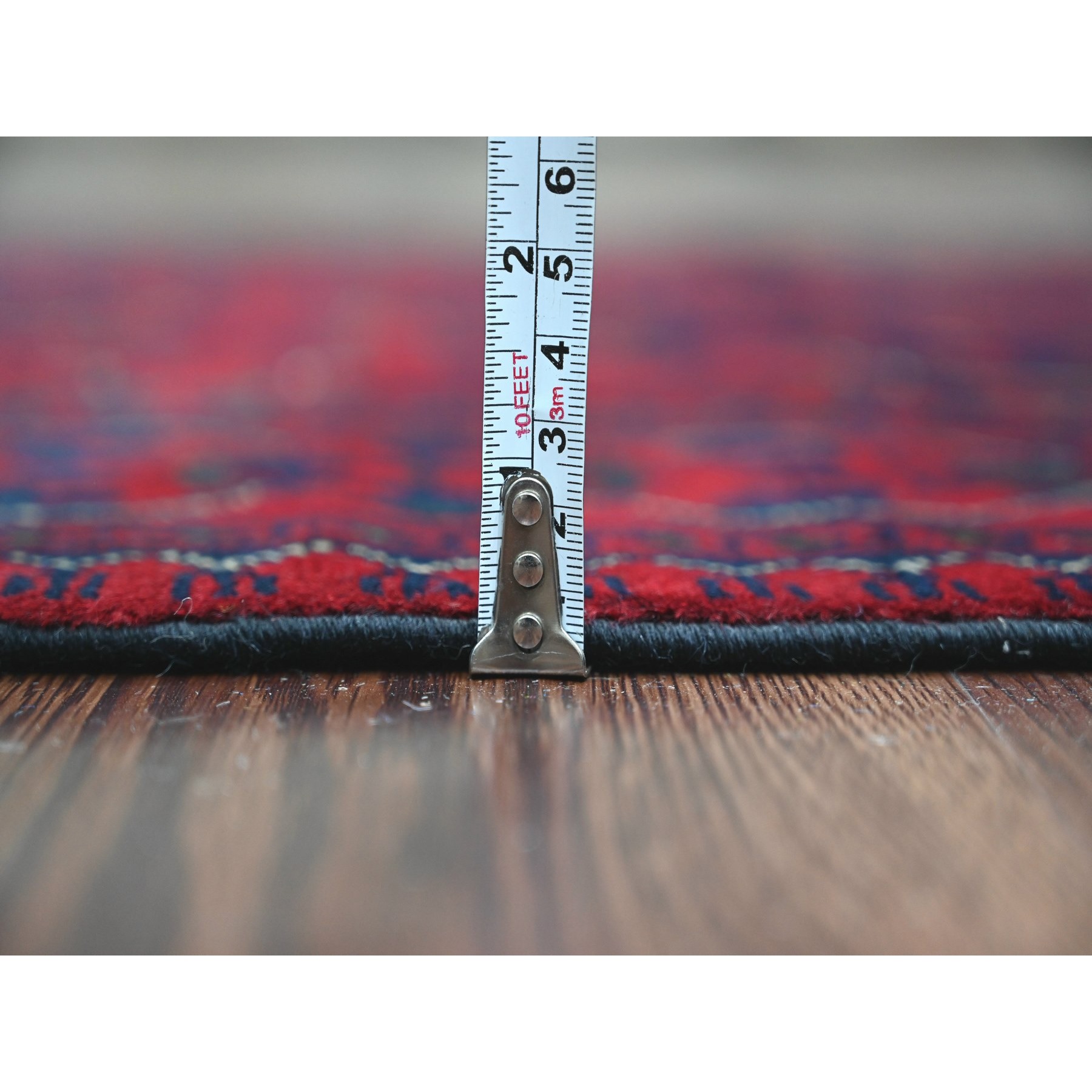 2'8"x12'10" Deep and Saturated Red, Hand Knotted, Afghan Khamyab with Geometric Design, Pure Wool, Soft Pile, Runner, Oriental Rug Sh20024