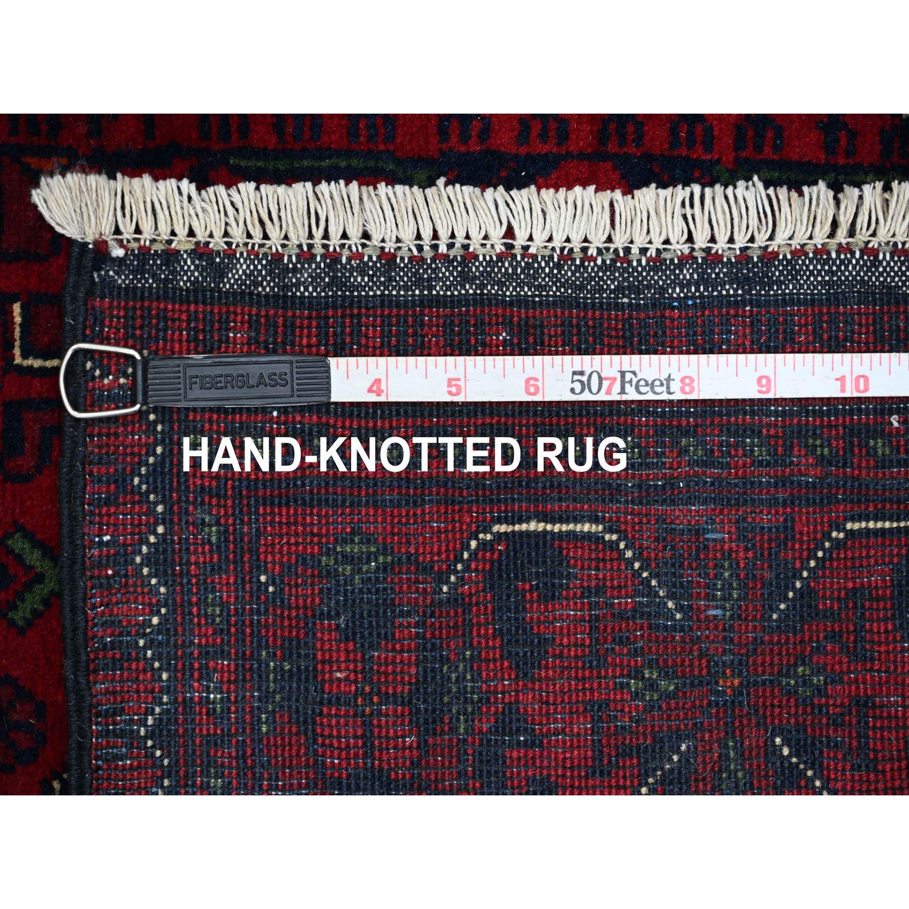 2'8"x12'10" Deep and Saturated Red, Hand Knotted, Afghan Khamyab with Geometric Design, Pure Wool, Soft Pile, Runner, Oriental Rug Sh20024