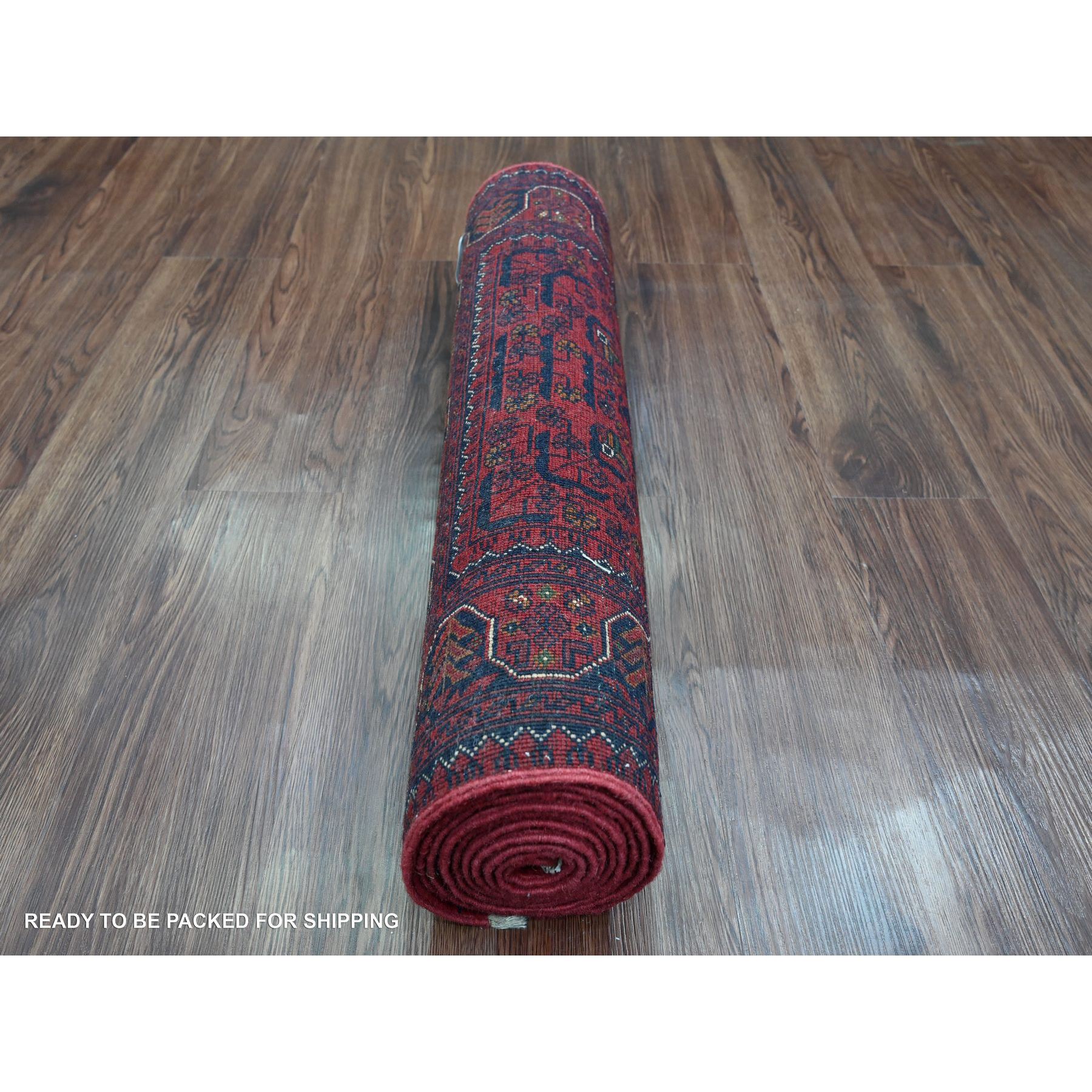 2'7"x9'5" Rich Red, Afghan Khamyab with Geometric Pattern, Soft Wool, Hand Knotted, Runner, Oriental Rug Sh20025