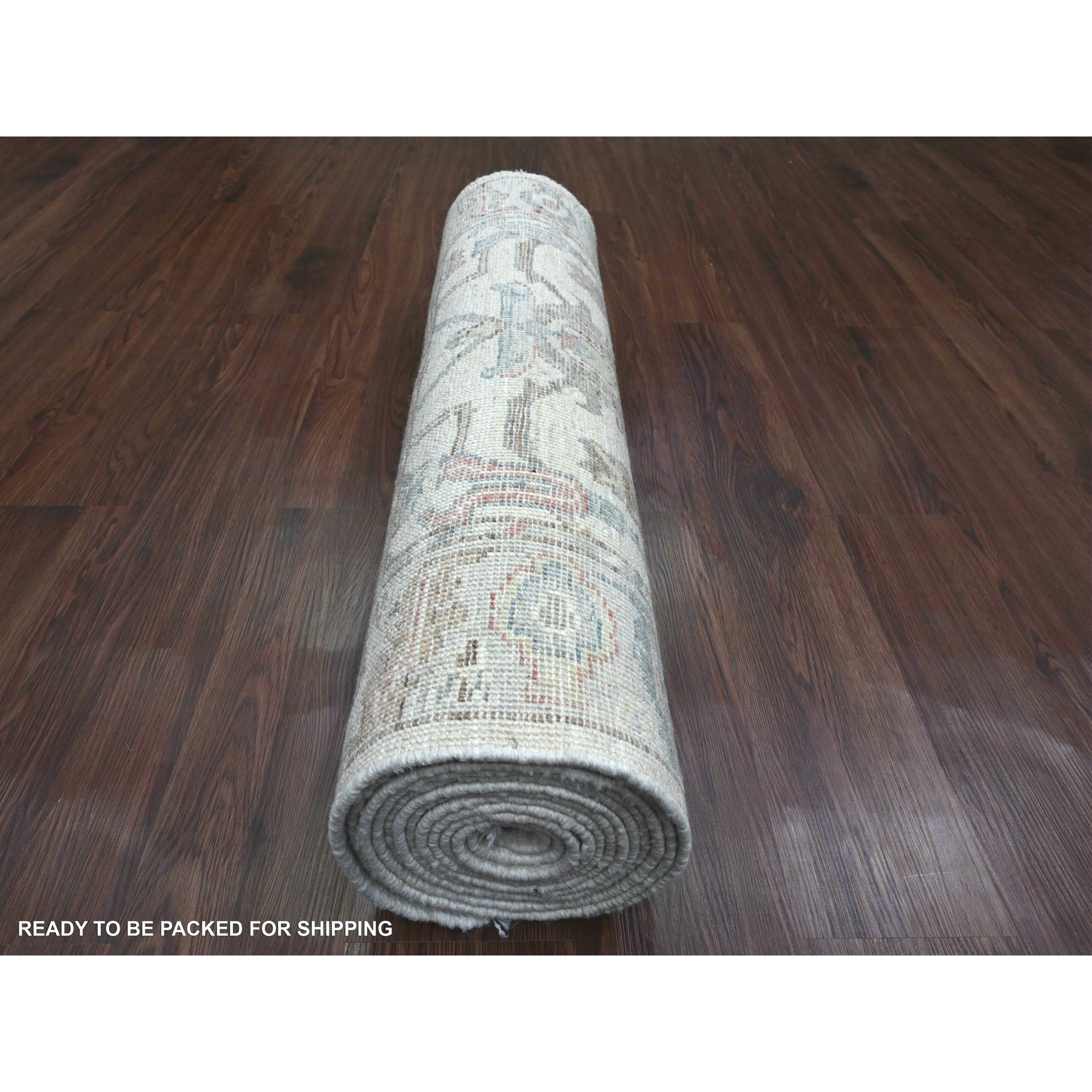 3'x15'9" Chiffon White, Afghan Angora Oushak with All Over Vines Design, Natural Dyes, Pure Wool, Hand Knotted, Runner, Oriental Rug Sh20027