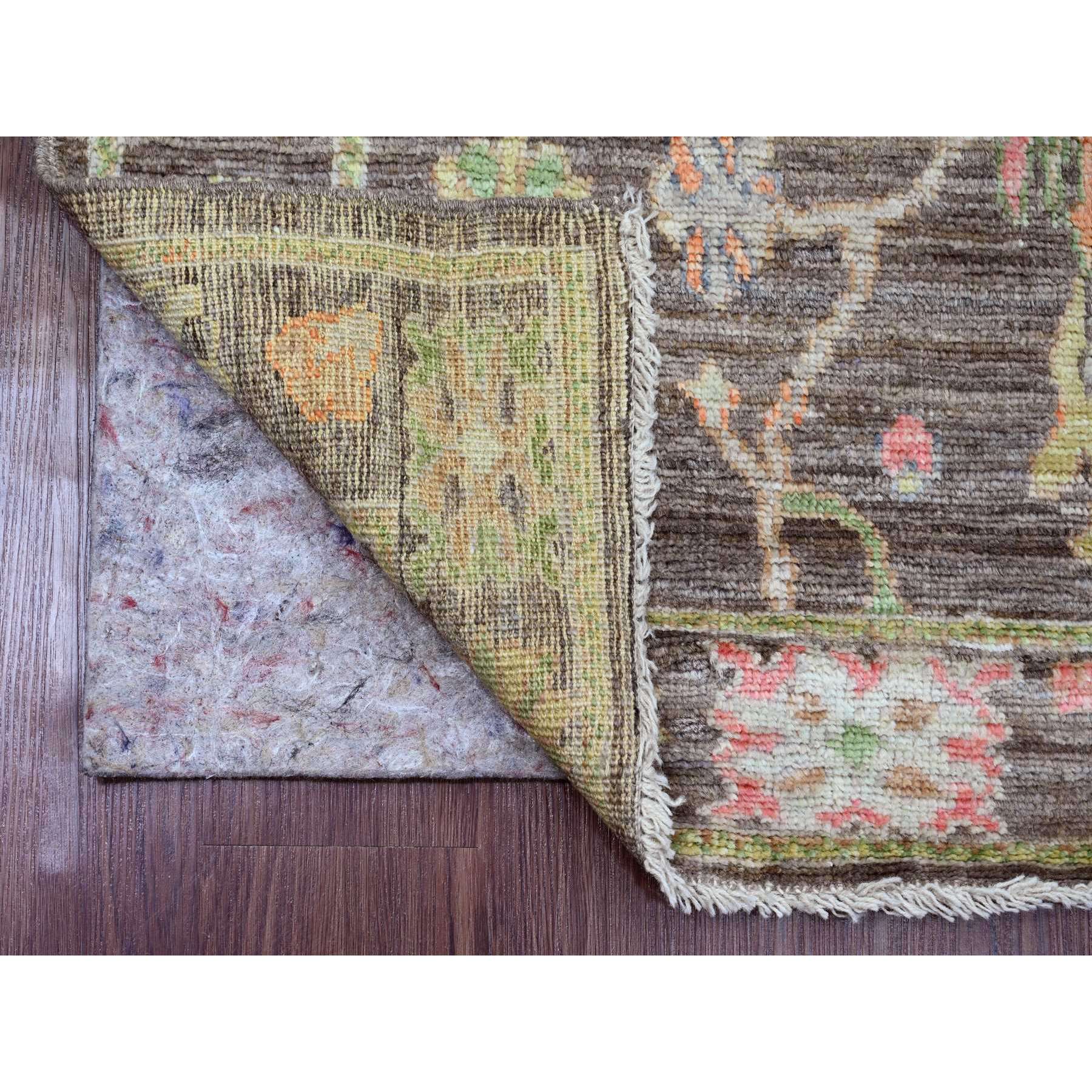 3'x9'8" Mocha Brown, Afghan Angora Oushak with Colorful Leaf Design, Vegetable Dyes, Hand Knotted, 100% Wool, Runner, Oriental Rug Sh20028