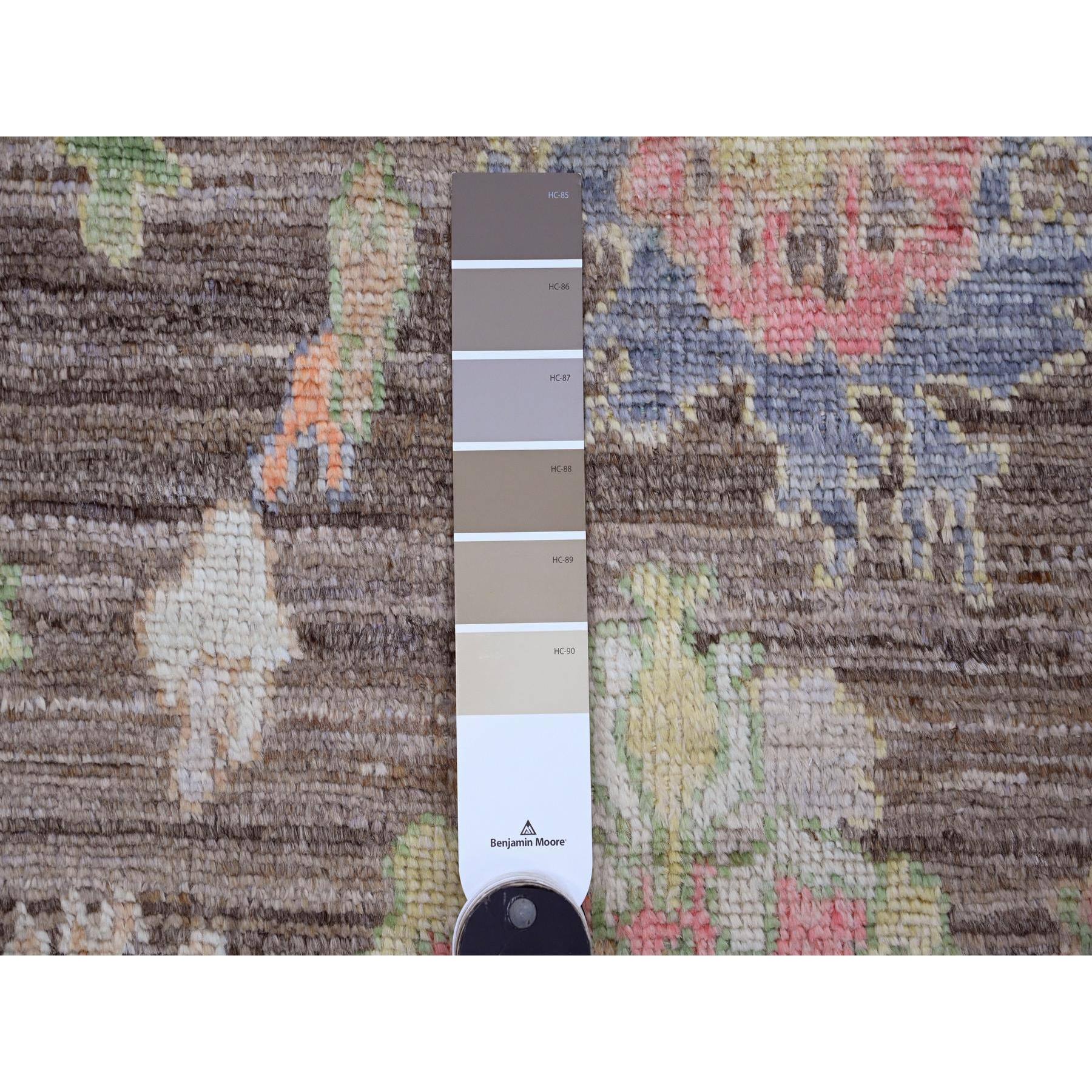 3'x9'8" Mocha Brown, Afghan Angora Oushak with Colorful Leaf Design, Vegetable Dyes, Hand Knotted, 100% Wool, Runner, Oriental Rug Sh20028
