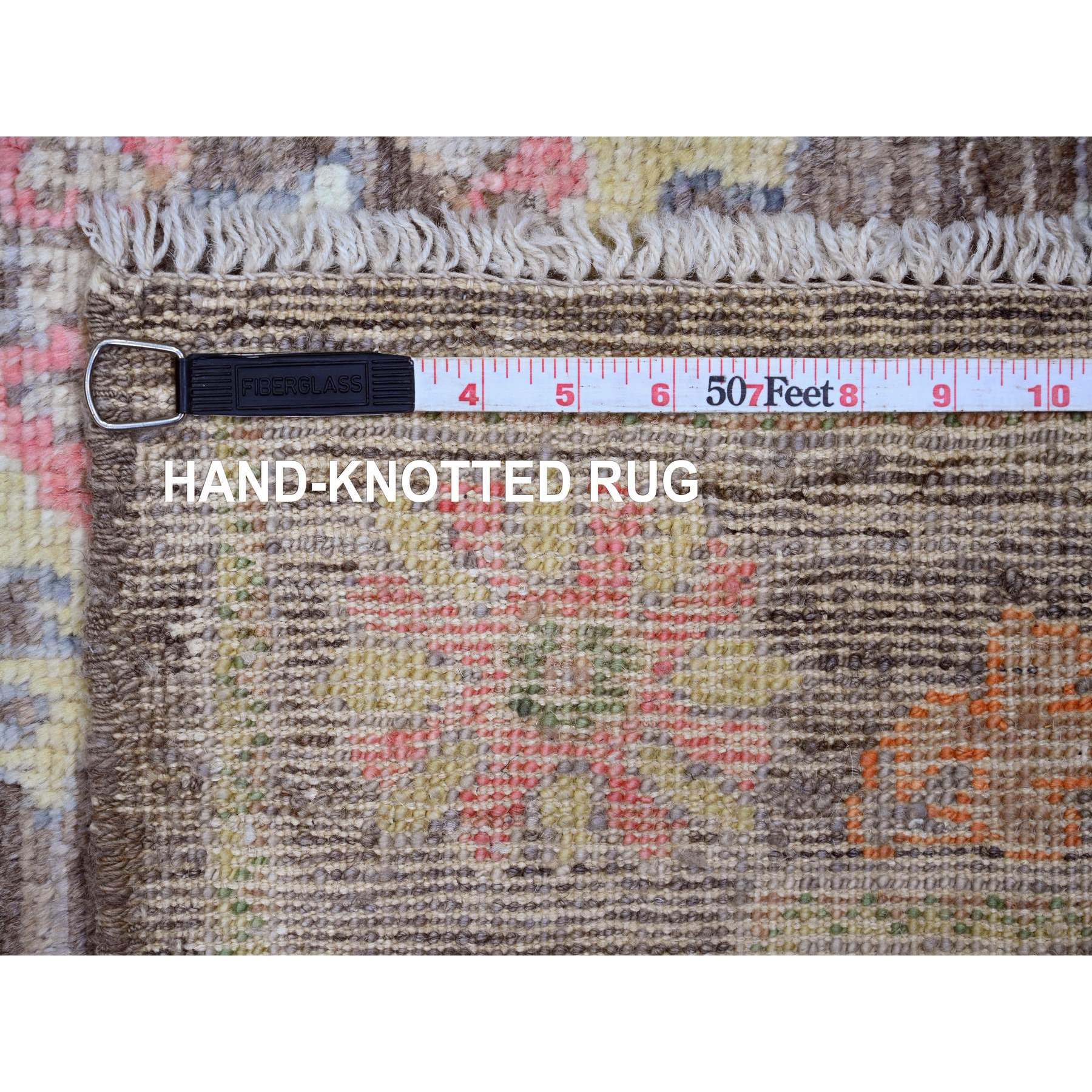 3'x9'8" Mocha Brown, Afghan Angora Oushak with Colorful Leaf Design, Vegetable Dyes, Hand Knotted, 100% Wool, Runner, Oriental Rug Sh20028