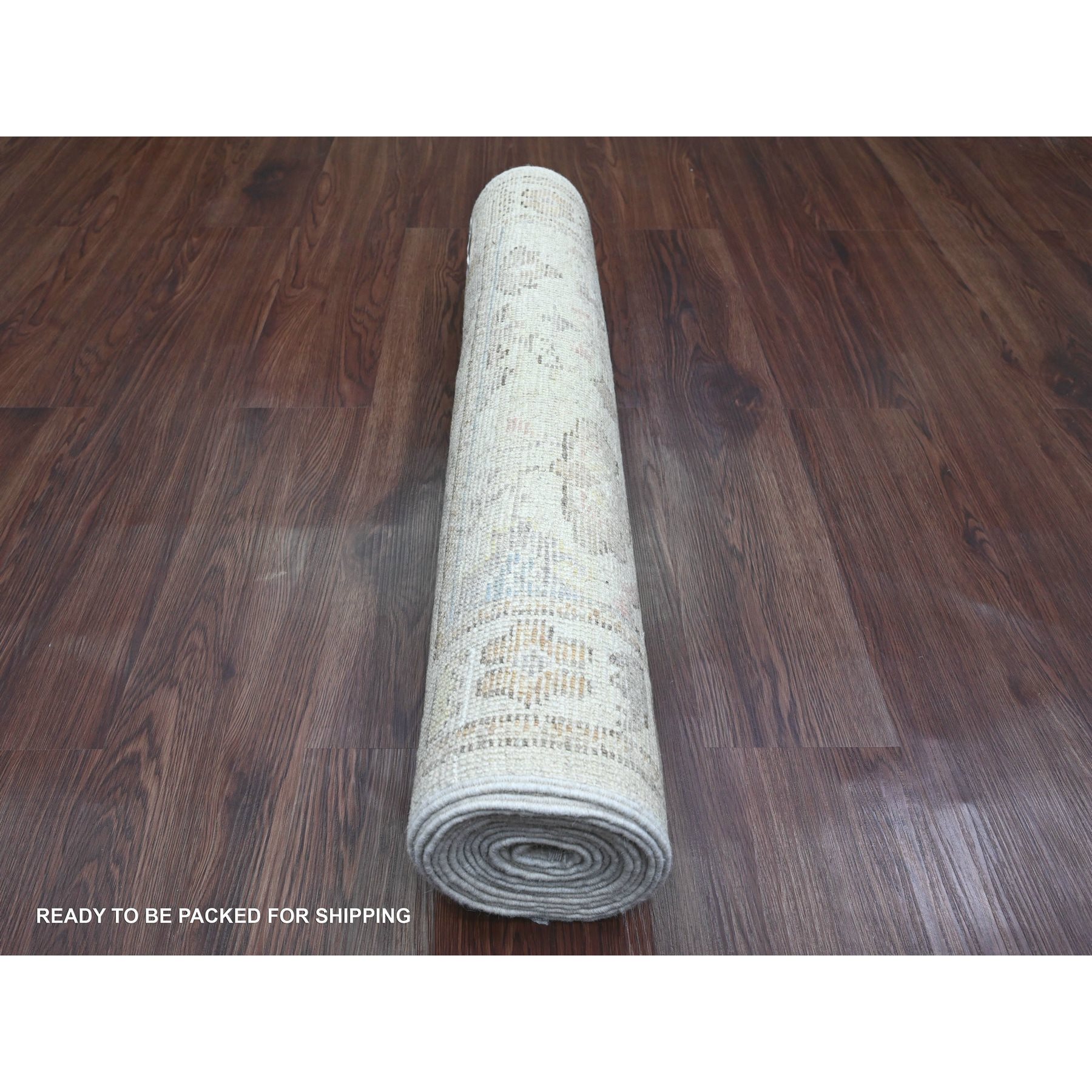 2'10"x12'5" Alabaster White, Hand Knotted, Afghan Angora Oushak with All Over Leaf Design, Vegetable Dyes, 100% Wool, Runner, Oriental Rug Sh20029