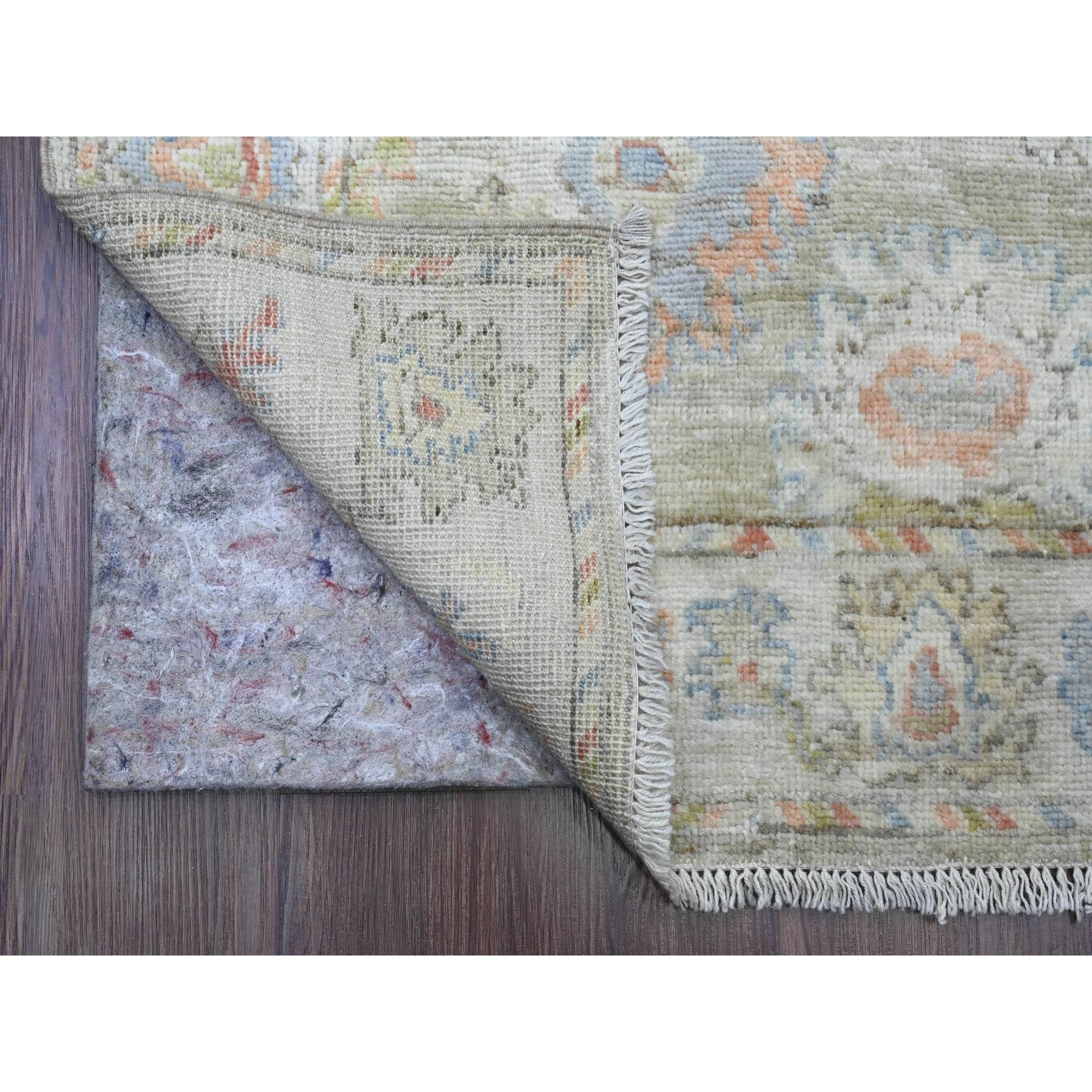 3'x19'10" Laurel Green, Hand Knotted, Afghan Angora Oushak with Soft Color Leaf Design, Veggie Dyes, Pure Wool, XL Runner, Oriental Rug Sh20031