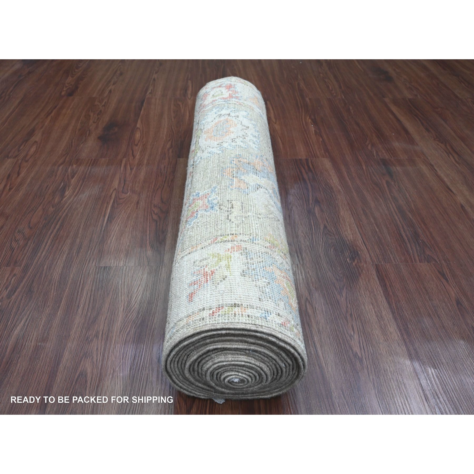 3'x19'10" Laurel Green, Hand Knotted, Afghan Angora Oushak with Soft Color Leaf Design, Veggie Dyes, Pure Wool, XL Runner, Oriental Rug Sh20031