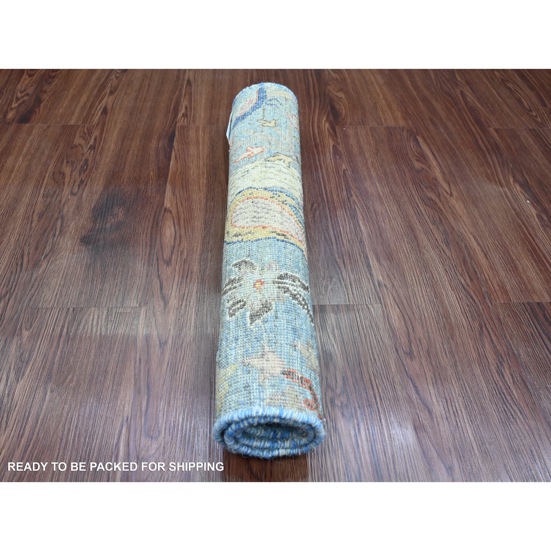 2'1"x3' Maya Blue, Afghan Peshawar with Birds of Paradise Design, Natural Dyes, Hand Knotted, 100% Wool, Mat, Sample, Oriental Rug Sh20046