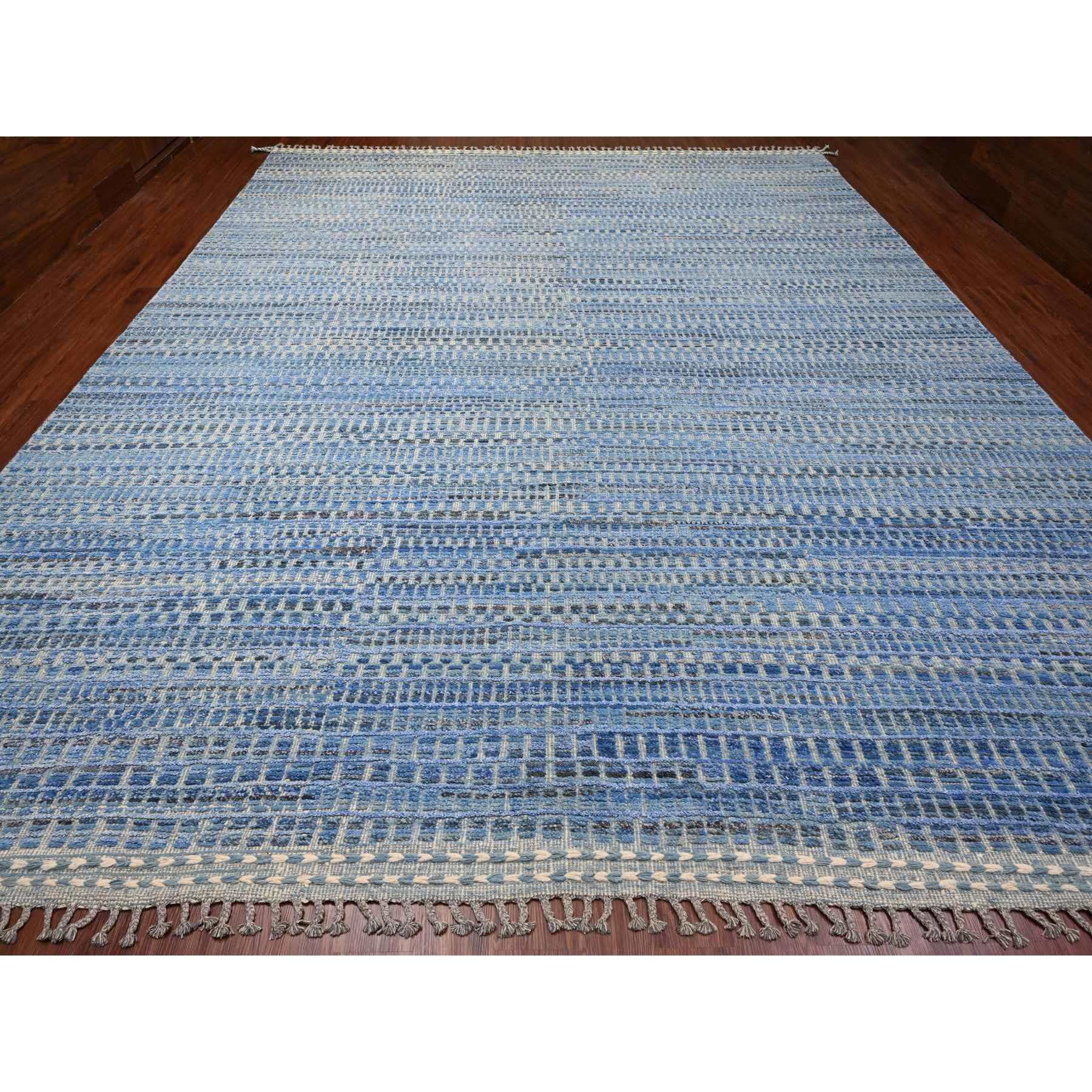 12'2"x15'3" Imperial Blue, Moroccan Weave, All Over Intricate Block Geometric Design, Textured Pile, 100% Wool, Hand Knotted, Oversized, Oriental Rug Sh20051