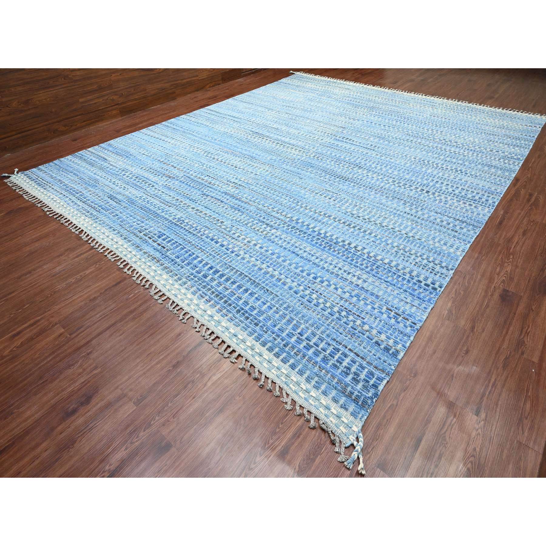 12'2"x15'3" Imperial Blue, Moroccan Weave, All Over Intricate Block Geometric Design, Textured Pile, 100% Wool, Hand Knotted, Oversized, Oriental Rug Sh20051