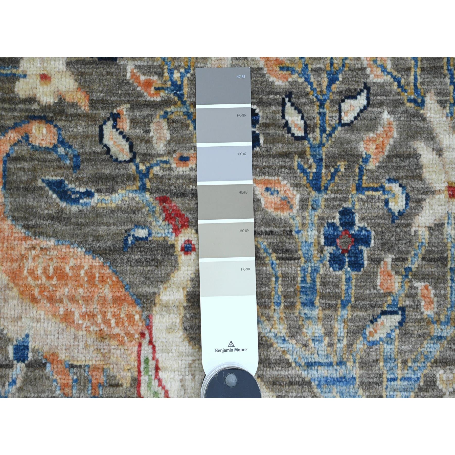 2'x3' Dim Gray, Afghan Peshawar with Birds of Paradise Design, Hand Knotted, Soft Wool, Vegetable Dyes, Mat, Sample, Oriental Rug Sh20054