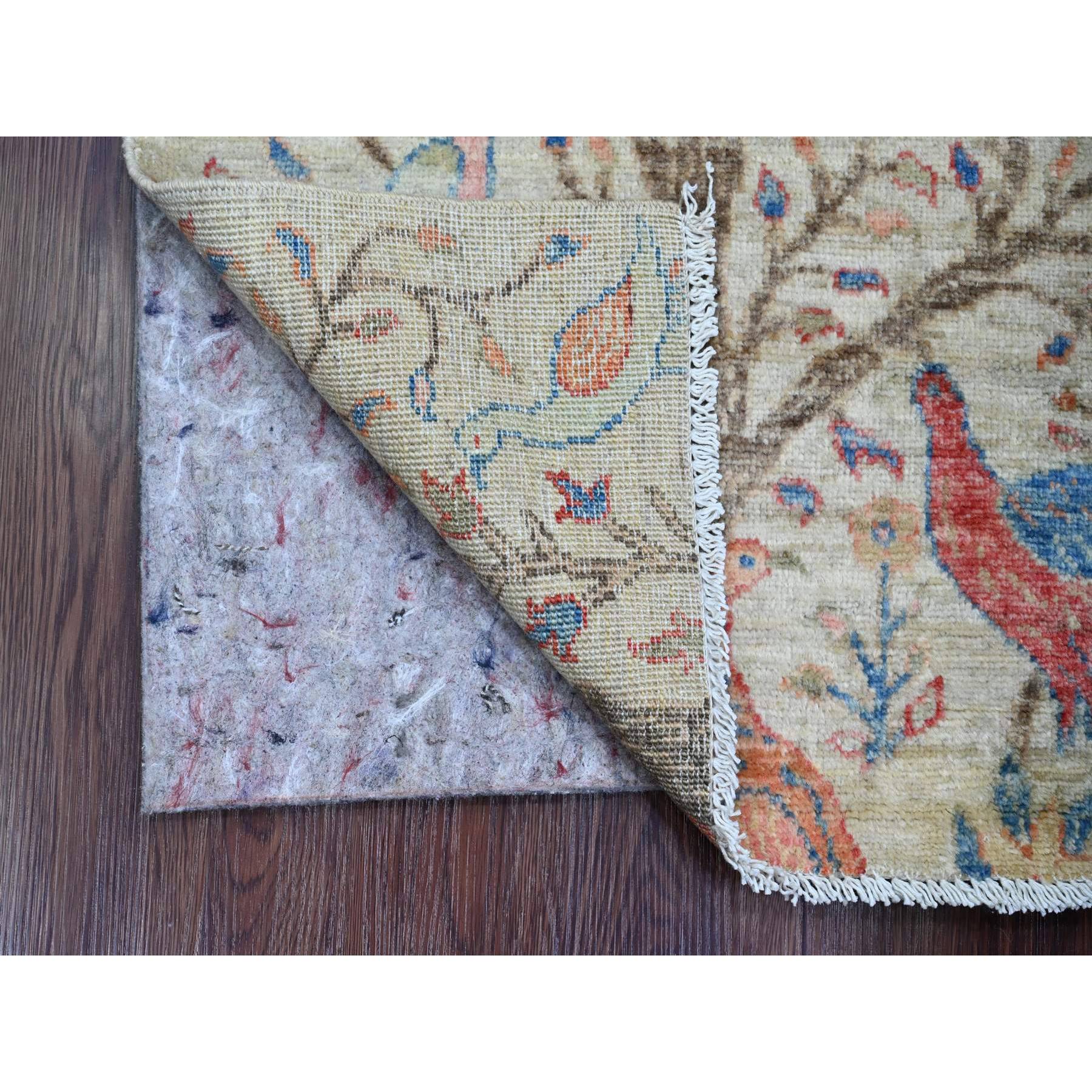 2'x2'10" Oyster White, Hand Knotted, Afghan Peshawar with Birds of Paradise Design, 100% Wool, Veggie Dyes, Sample, Mat, Oriental Rug Sh20057