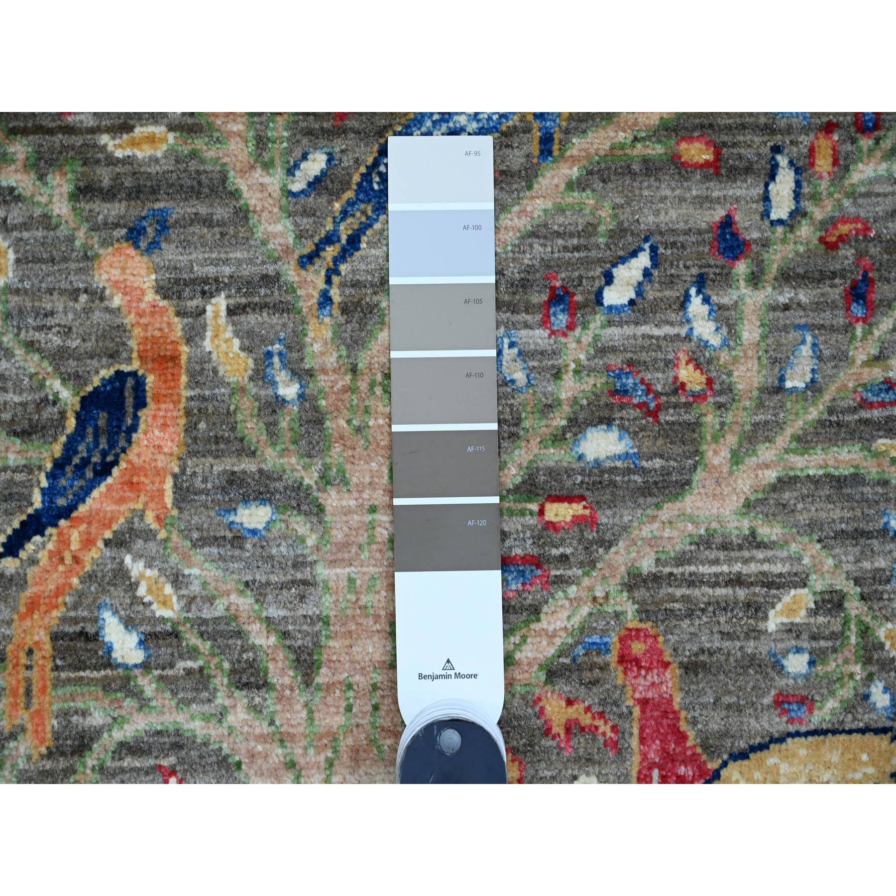 2'x3' Nickel Gray, Hand Knotted, Afghan Peshawar with Birds of Paradise Design, Soft and Shiny Wool, Vegetable Dyes, Mat, Sample, Oriental Rug Sh20061