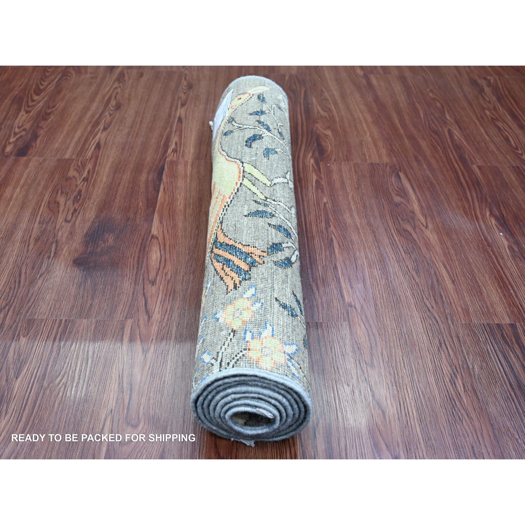 2'6"x5'9" Dim Gray, Afghan Peshawar, Birds of Paradise Design, Soft and Shiny Wool, Hand Knotted, Vegetable Dyes, Short Runner, Oriental Rug Sh20062