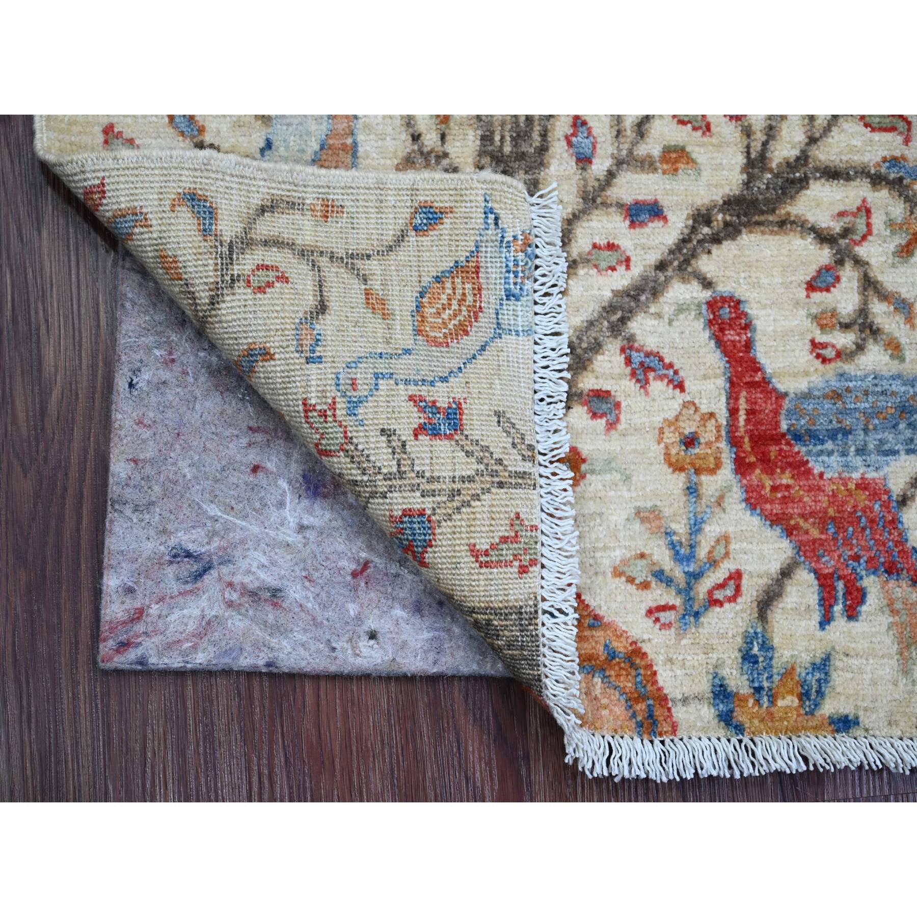 2'x2'10" Parchment White, Sample, Hand Knotted, Afghan Peshawar with Birds of Paradise Design, Soft Wool, Natural Dyes, Mat, Oriental Rug Sh20064