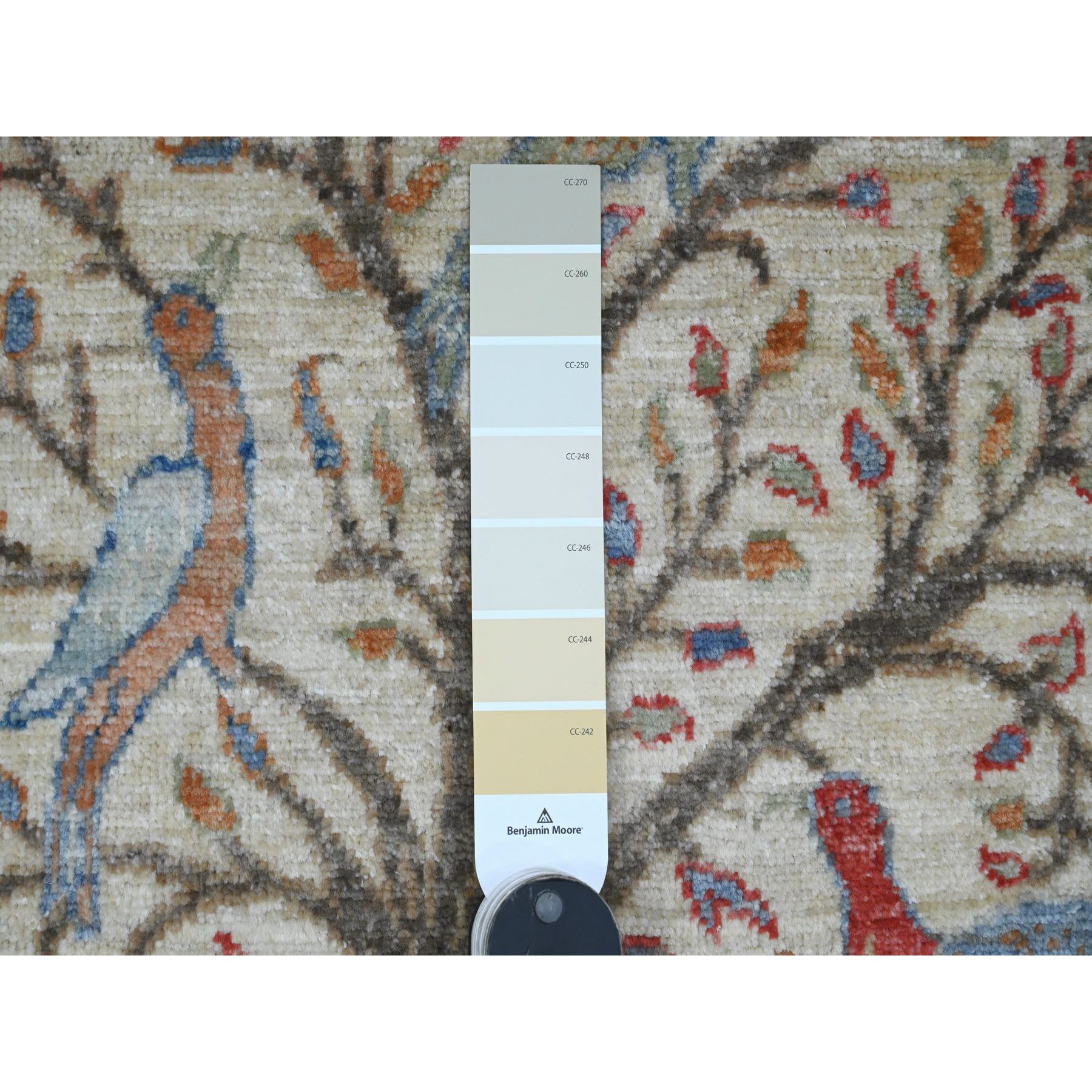 2'x2'10" Parchment White, Sample, Hand Knotted, Afghan Peshawar with Birds of Paradise Design, Soft Wool, Natural Dyes, Mat, Oriental Rug Sh20064