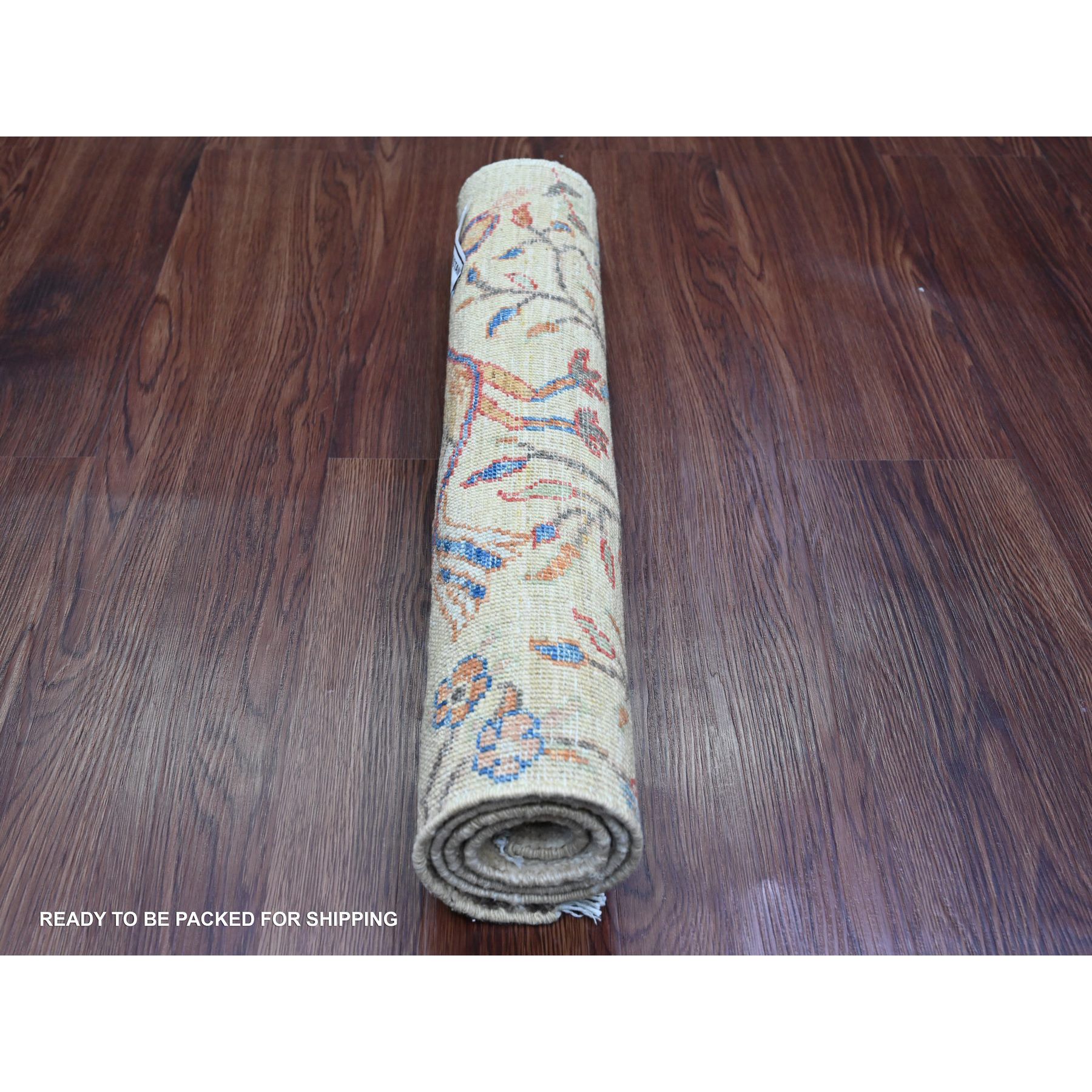 2'x2'10" Parchment White, Sample, Hand Knotted, Afghan Peshawar with Birds of Paradise Design, Soft Wool, Natural Dyes, Mat, Oriental Rug Sh20064