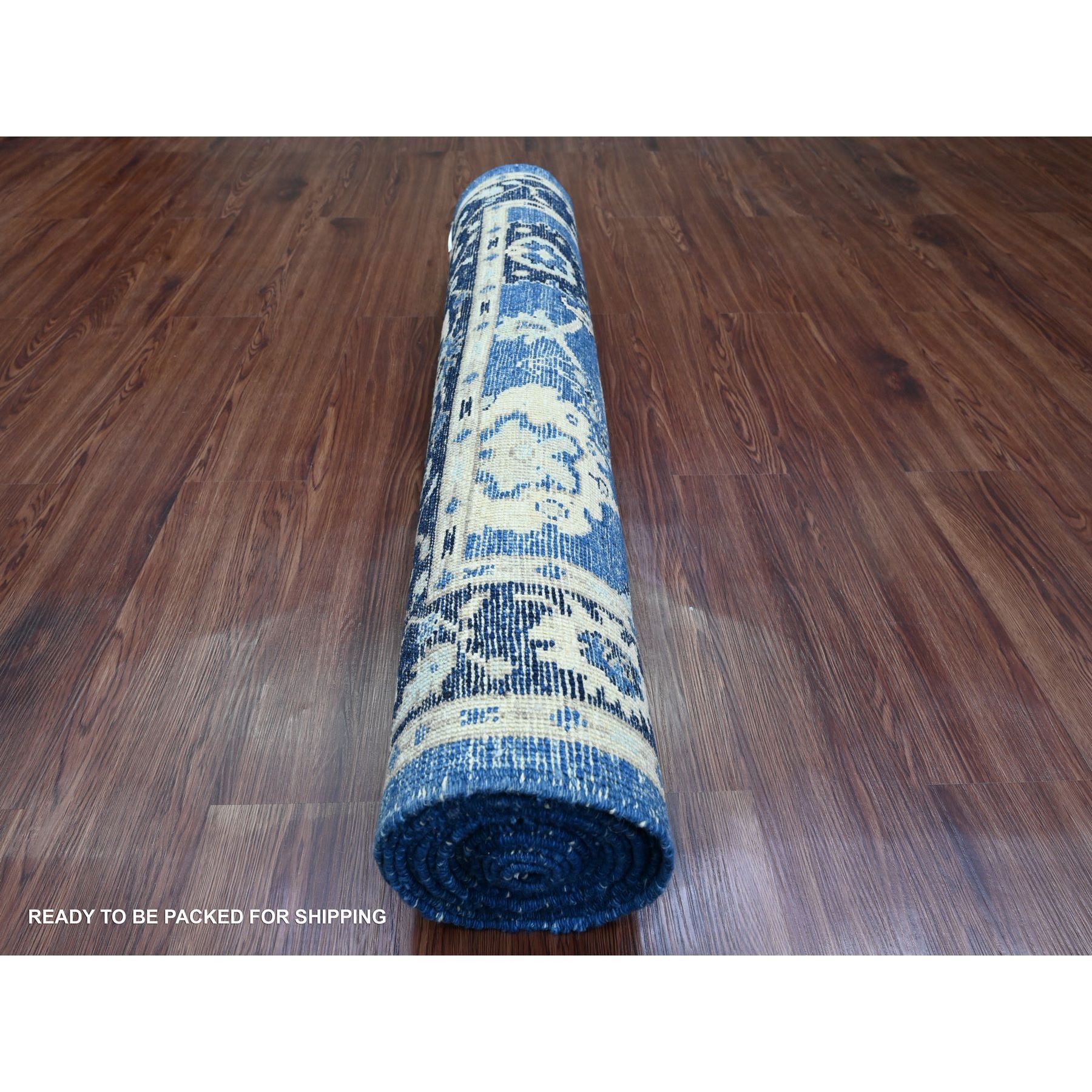 4'x15'7" Imperial Blue, Hand Knotted, Afghan Angora Oushak with All Over Leaf Design, Vegetable Dyes, 100% Wool, Wide Runner, Oriental Rug Sh20071