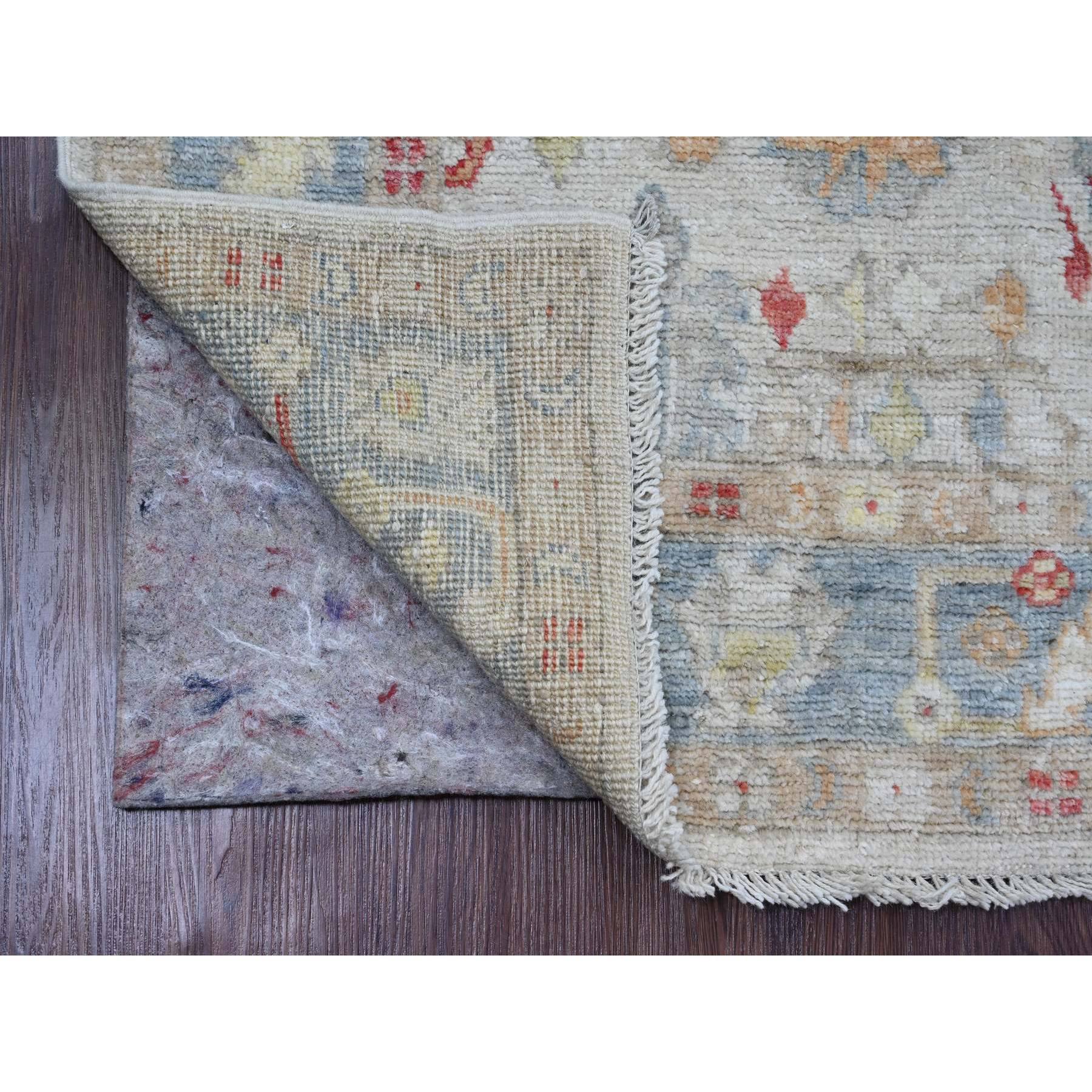 3'10"x12'3" Pearl White, Afghan Angora Oushak with Colorful Leaf Design, Hand Knotted, Veggie Dyes, 100% Wool, Runner, Oriental Rug Sh20074